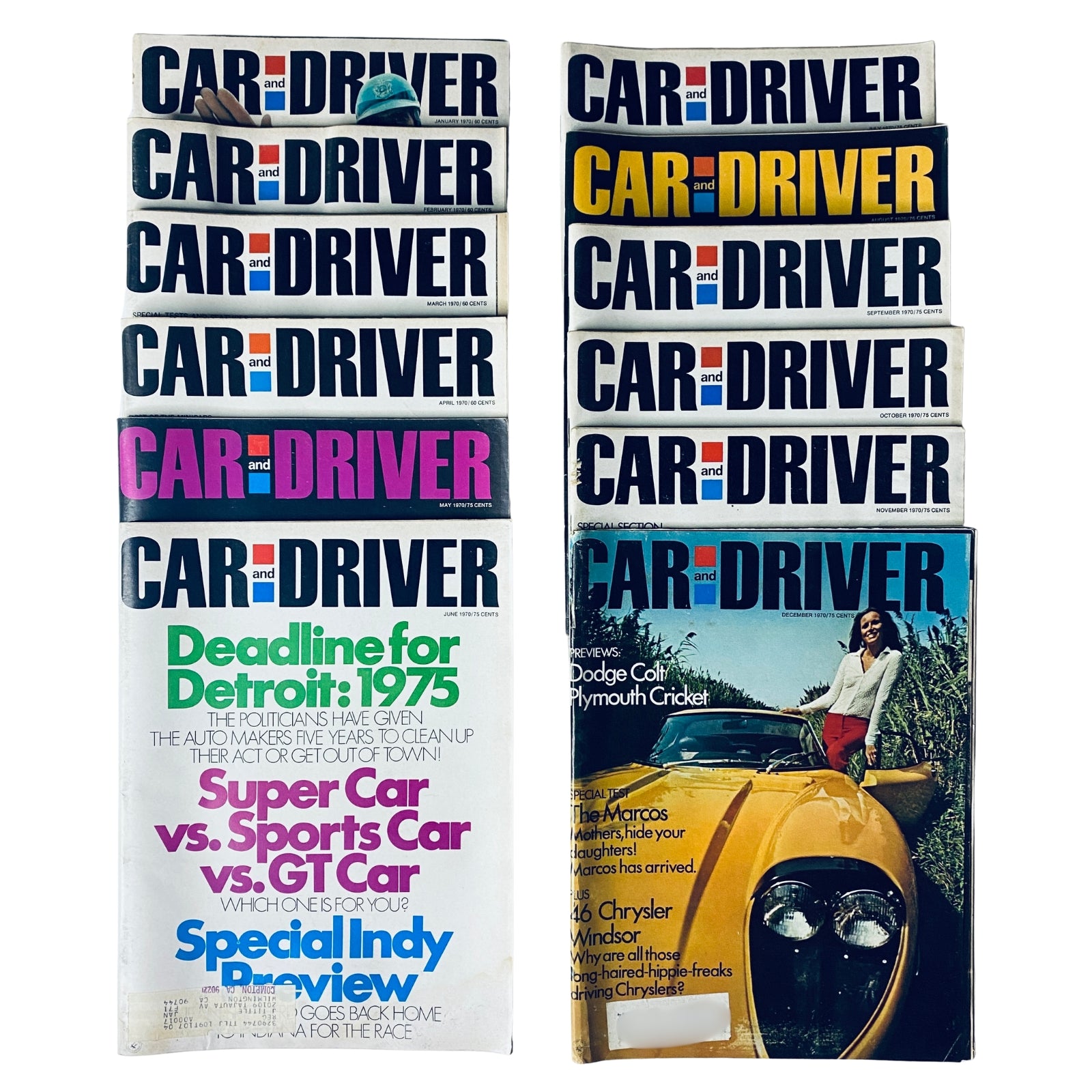 Lot of 12 Car and Driver Automotive Magazine from 1970 covering January to December, featuring iconic car models and automotive industry insights.