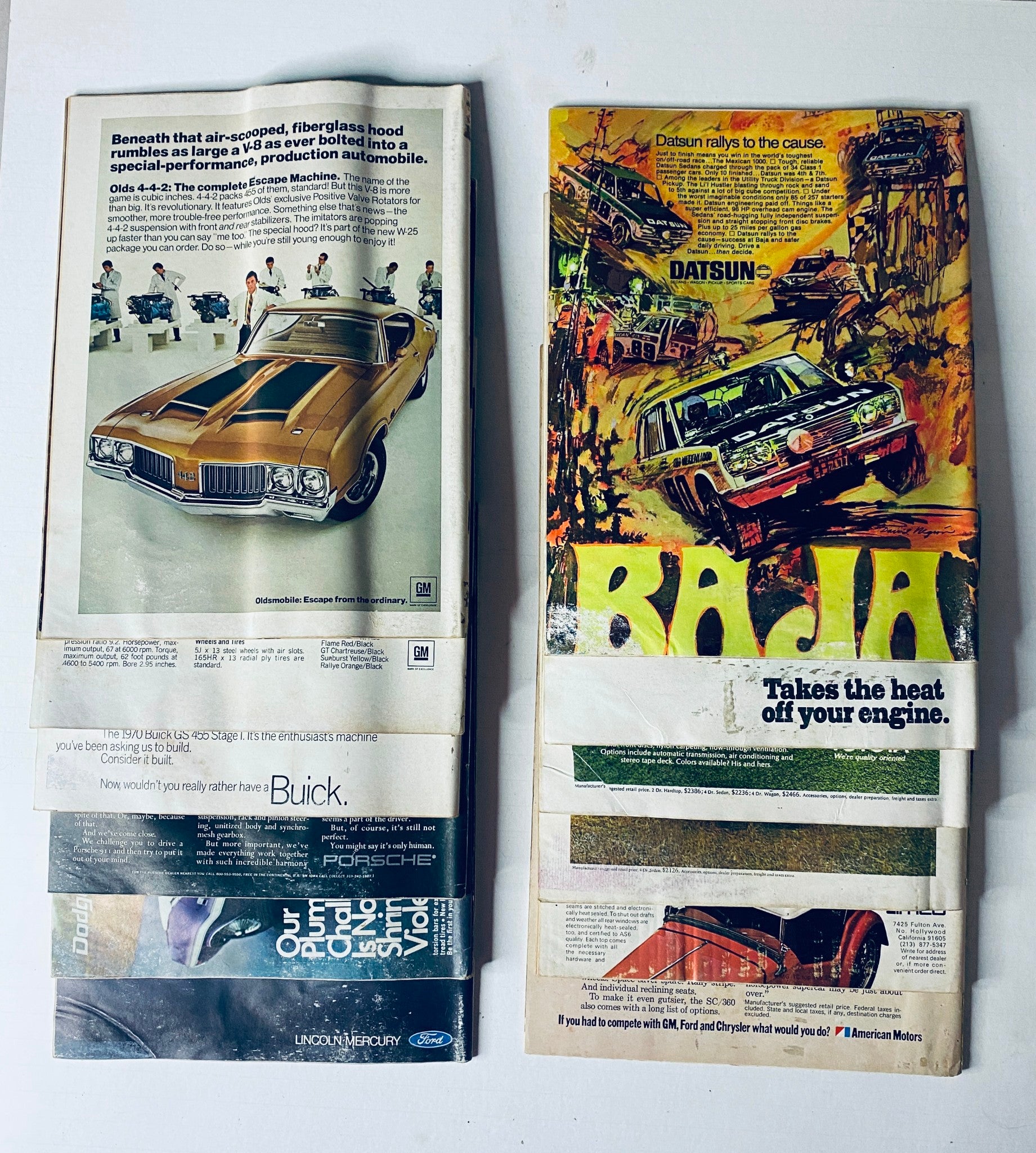 Image showing advertisements from various automotive magazines, featuring a classic car and promotional visuals related to the automotive industry. Lot of 12 Car and Driver Automotive Magazine 1970 Full Year January - December.