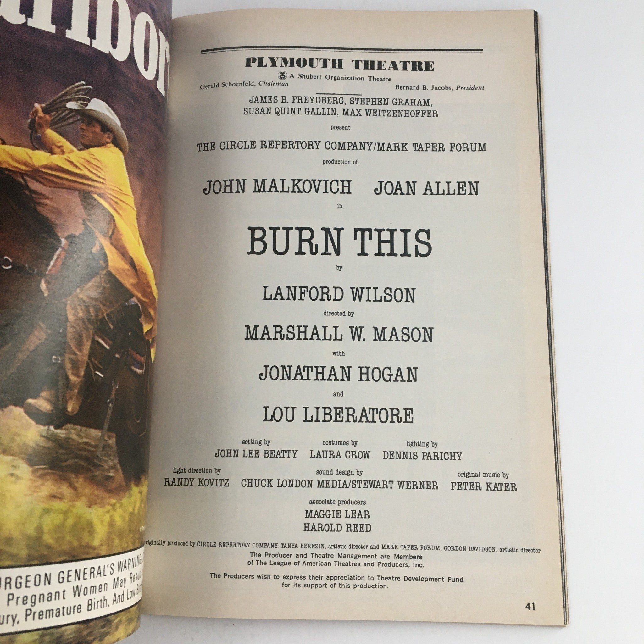 1987 Playbill Plymouth Theatre John Malkovich & Joan Allen Present Burn This