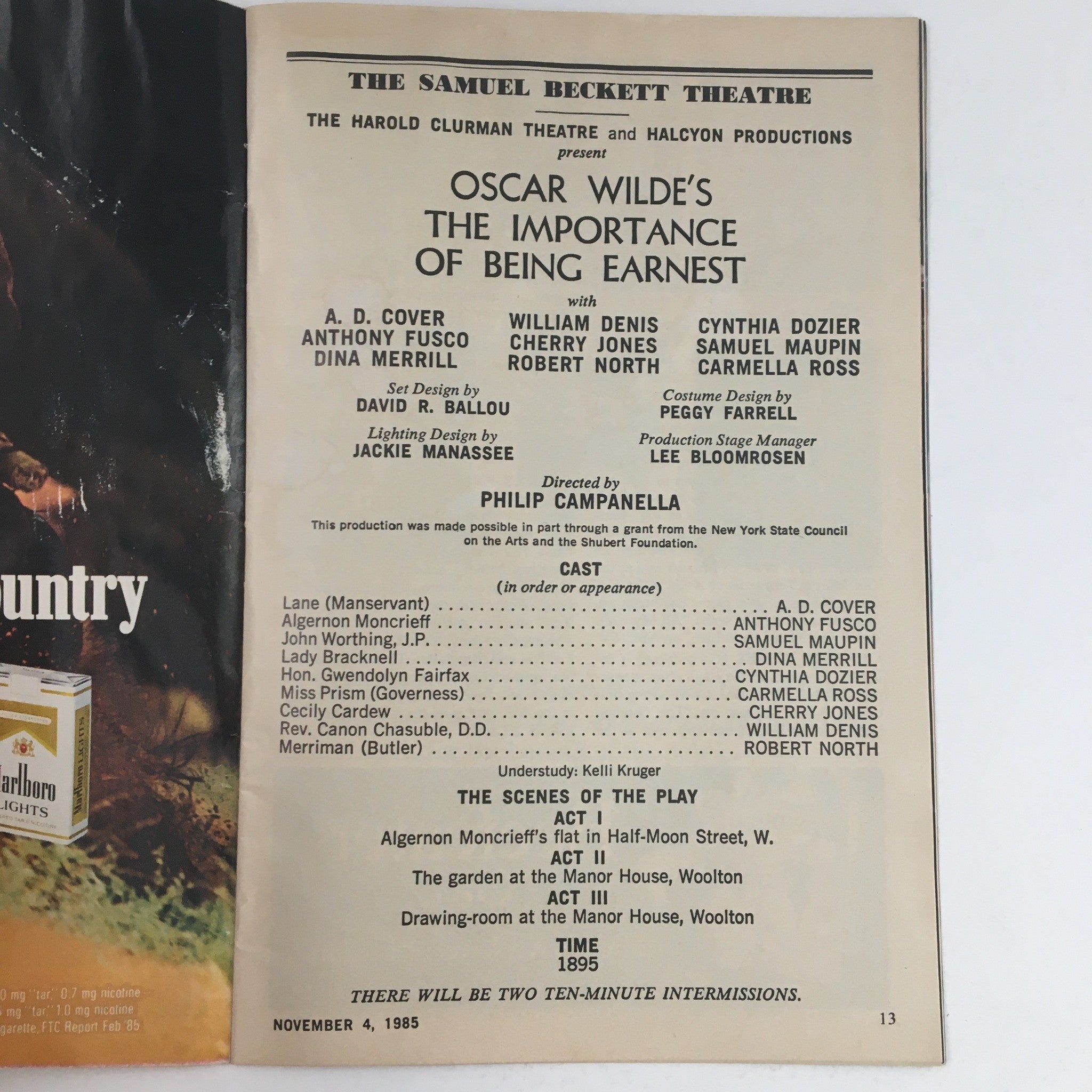 1985 Playbill The Samuel Beckett Theatre Present The Importance Of Being Earnest