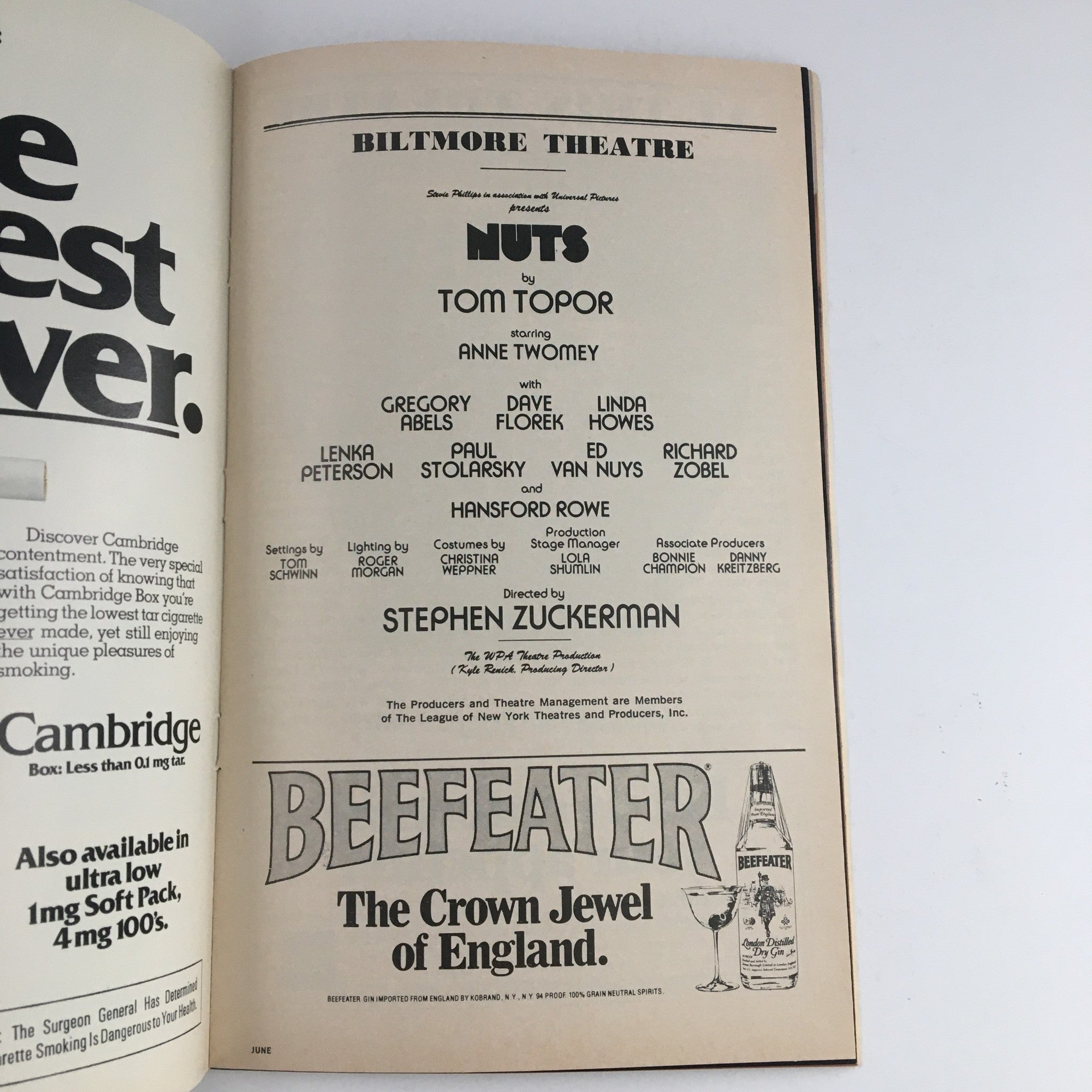 1980 Playbill Biltmore Theatre Tom Topor Presents Nuts by Stephen Zuckerman