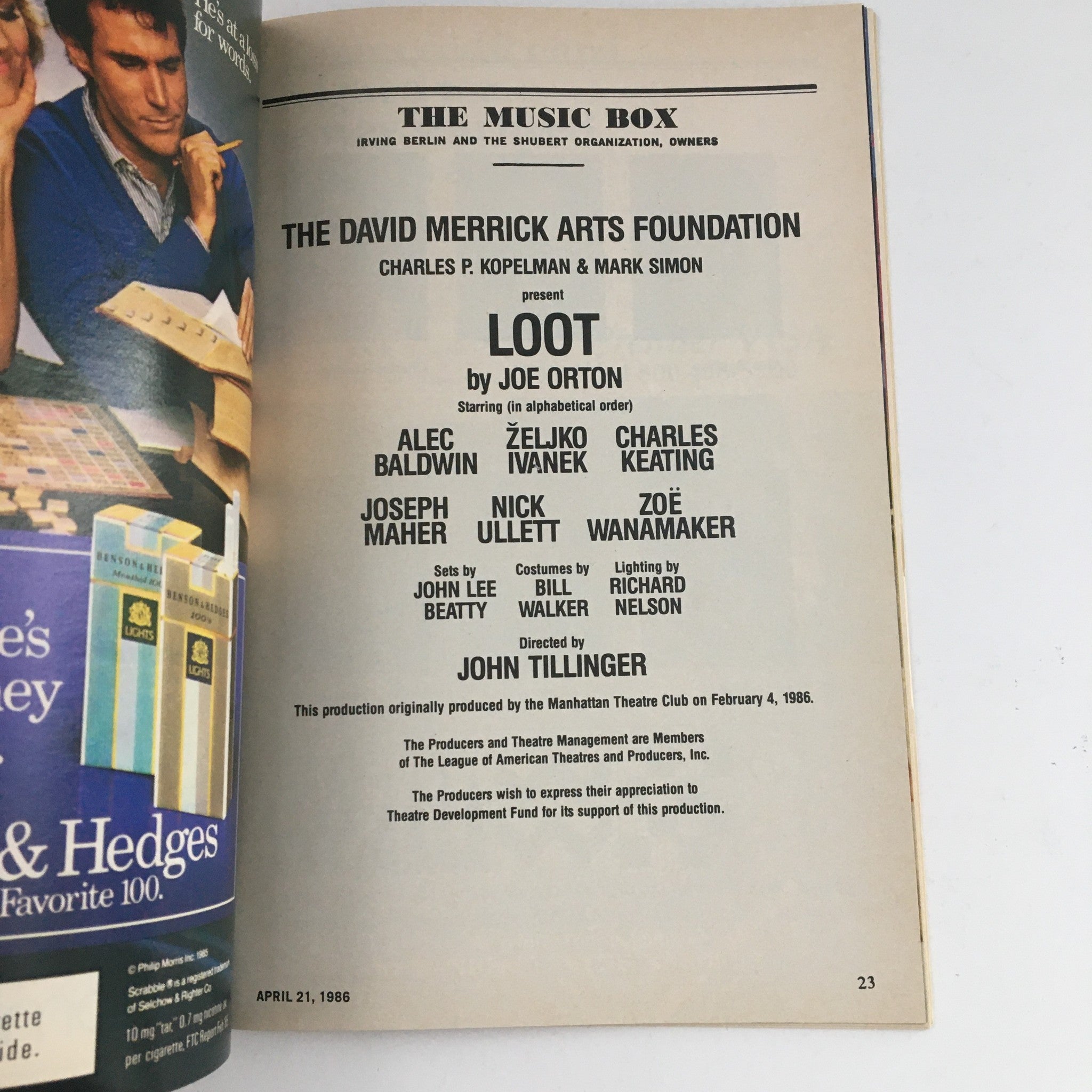 1986 Playbill The Music Box Present Loot by Joe Orton Directed by John Tillinger