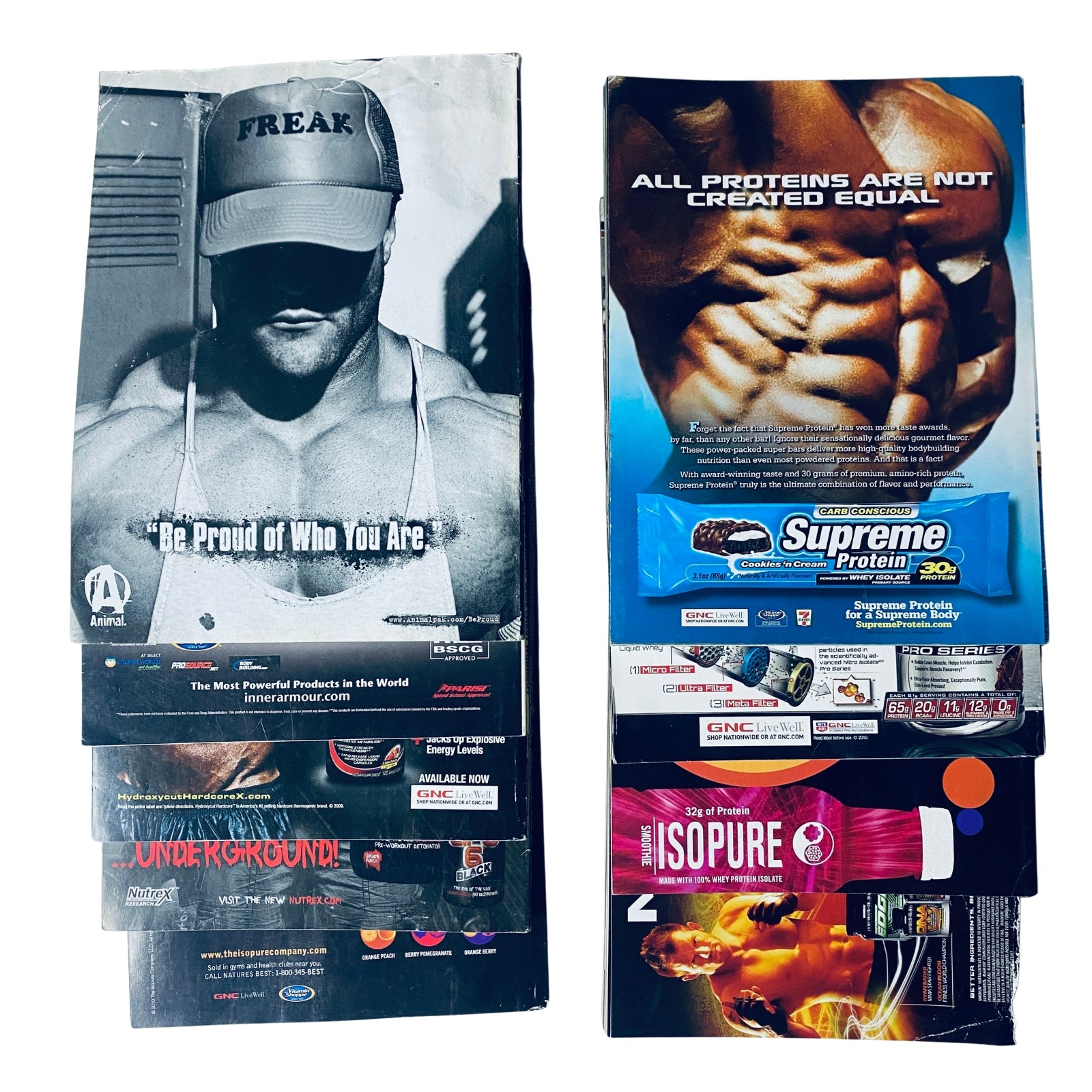Back covers of 2010 Flex Magazines displaying fitness advertisements and promotional material related to bodybuilding products from the year.