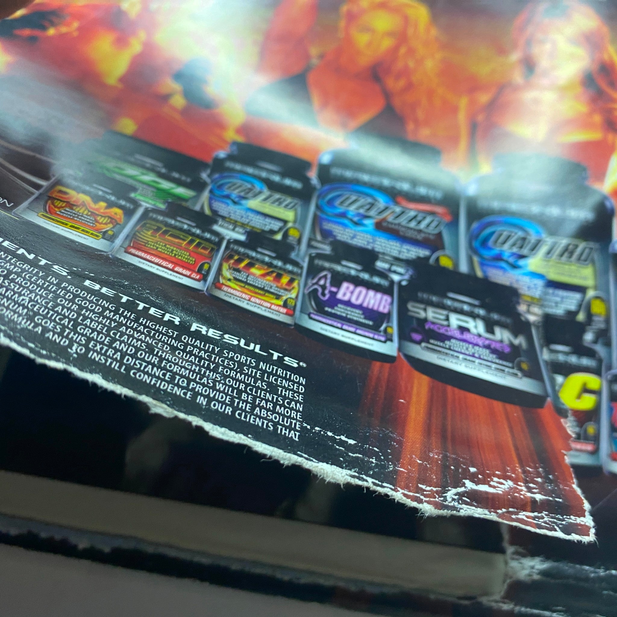Close-up of advertisements from 2010 Flex Magazine highlighting various nutritional supplements and workout products for bodybuilders.