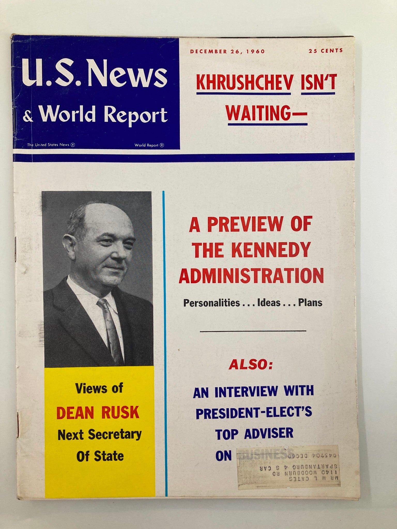 US News & World Report Magazine December 26 1960 Dean Rush Secretary of State