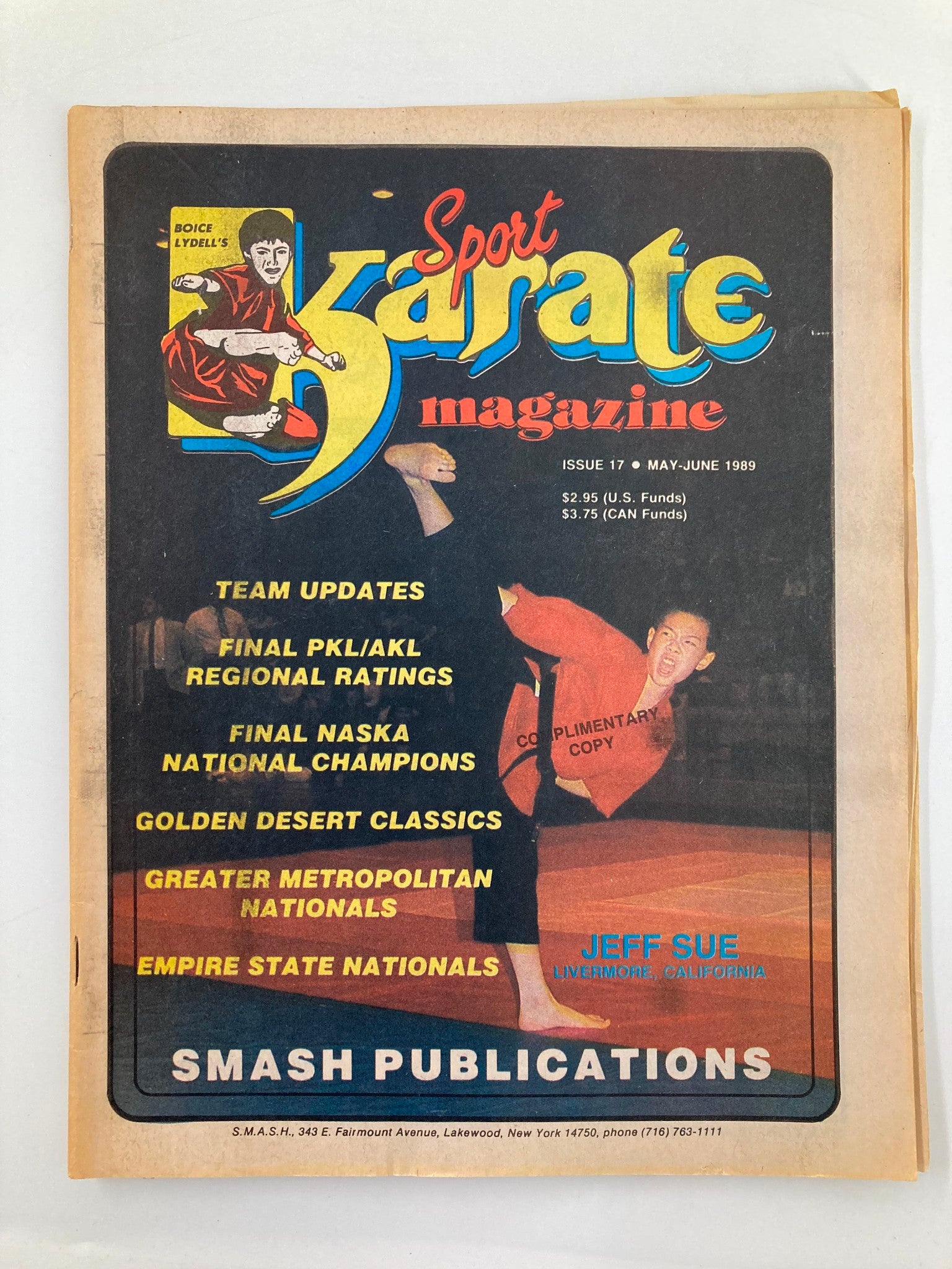 Cover of the VTG Sport Karate Magazine May 1989 issue featuring Jeff Sue, highlighting team updates and results from the Empire State Nationals. Collectible vintage magazine showcasing martial arts history.
