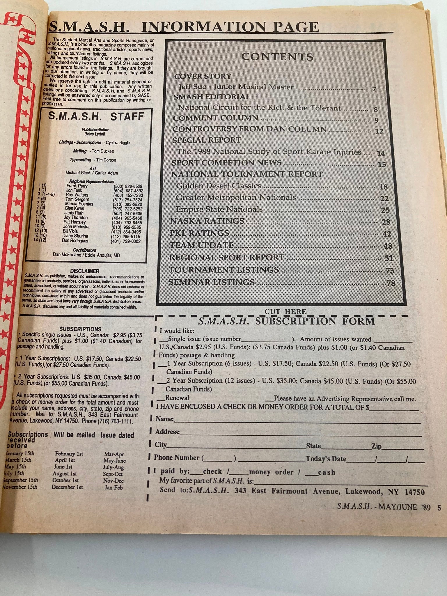 Contents page of the VTG Sport Karate Magazine May 1989, detailing articles, reports, and features including Jeff Sue and the Empire State Nationals. Insightful resource for martial arts enthusiasts.