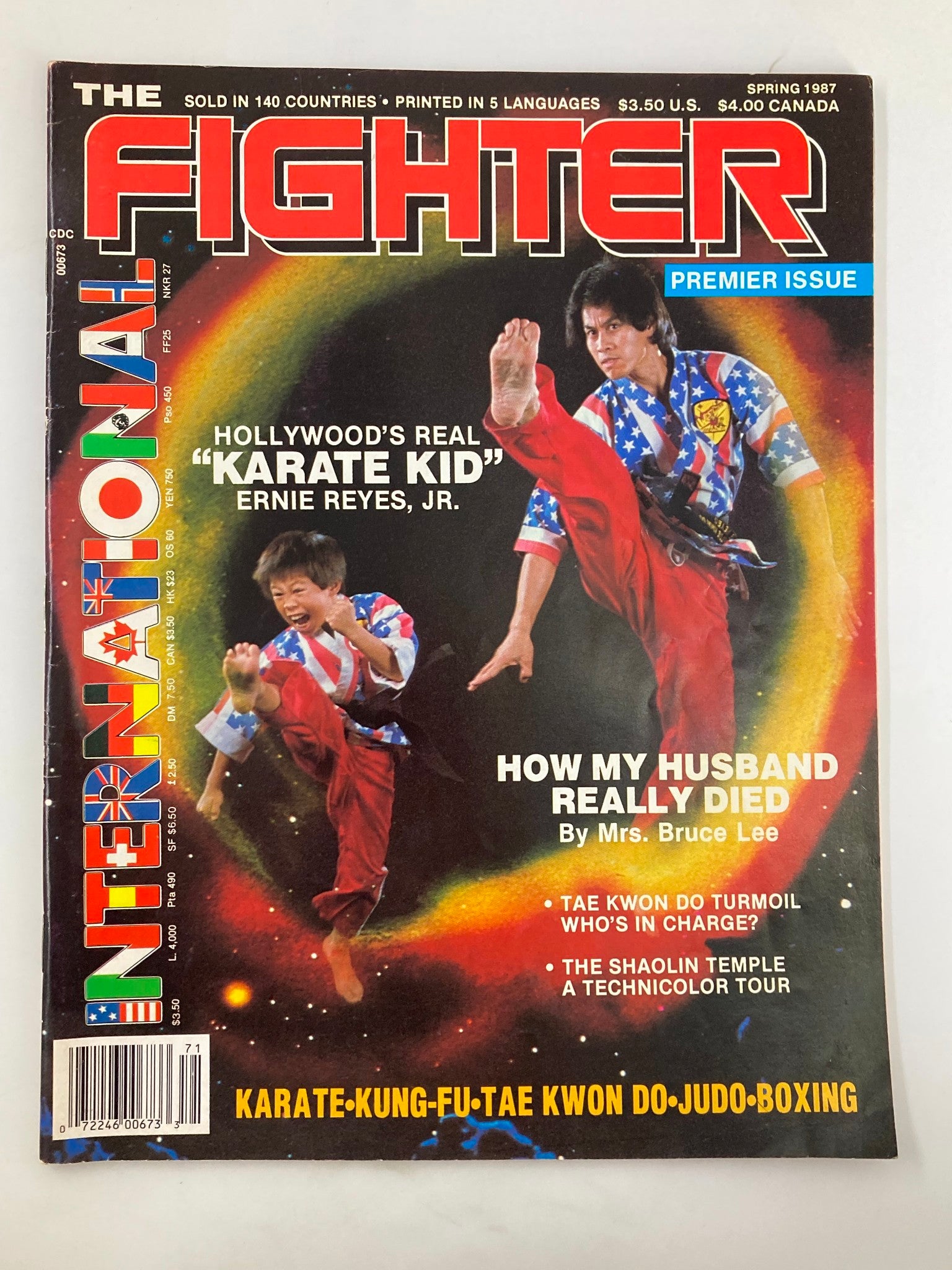 Cover of VTG The Fighter Magazine Spring 1987, featuring Ernie Reyes, Jr. in a vibrant karate uniform, labeled as the 'Premier Issue' with articles on martial arts.