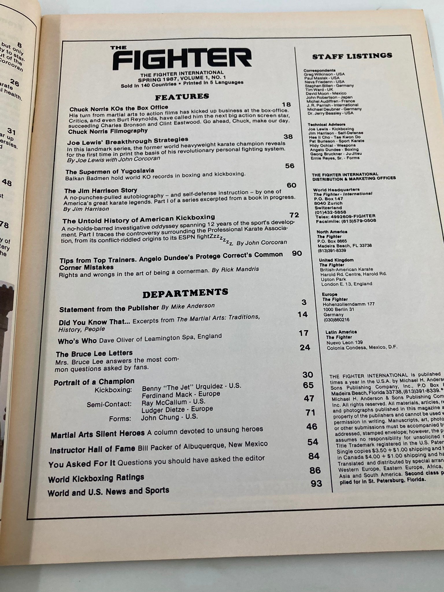 Inside page of VTG The Fighter Magazine Spring 1987, showcasing features article titles and staff listings, highlighting martial arts training, history, and notable figures.