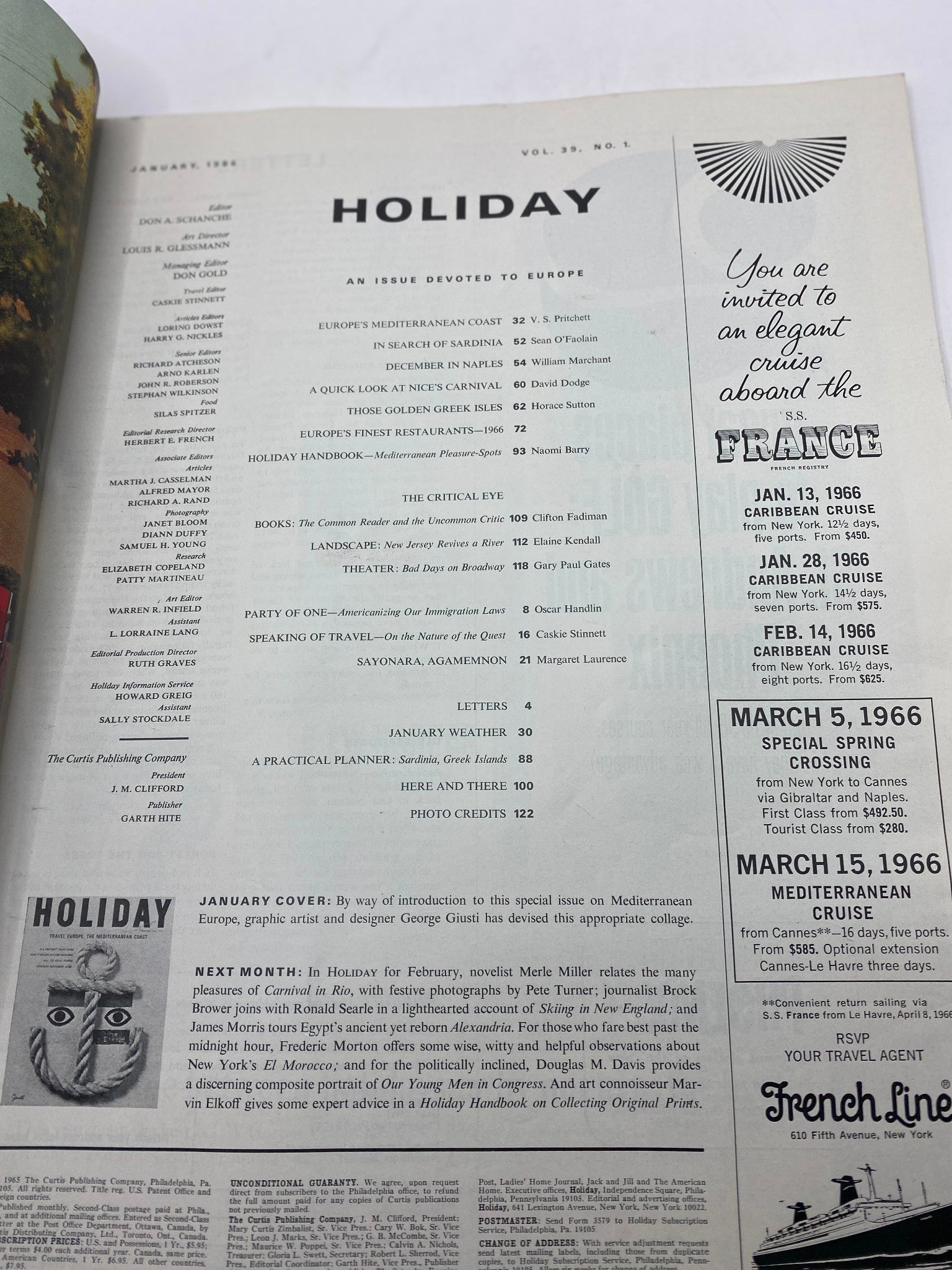 VTG Holiday Magazine January 1966 Vol 39 No. 1 The Mediterranean Europe