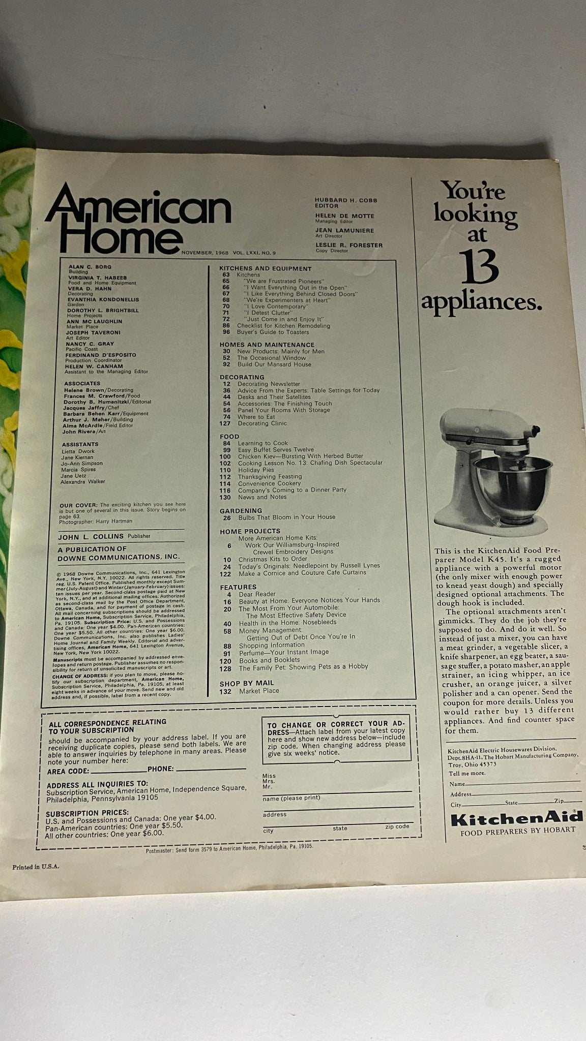 VTG American Home Magazine November 1968 Great Kitchens No Label