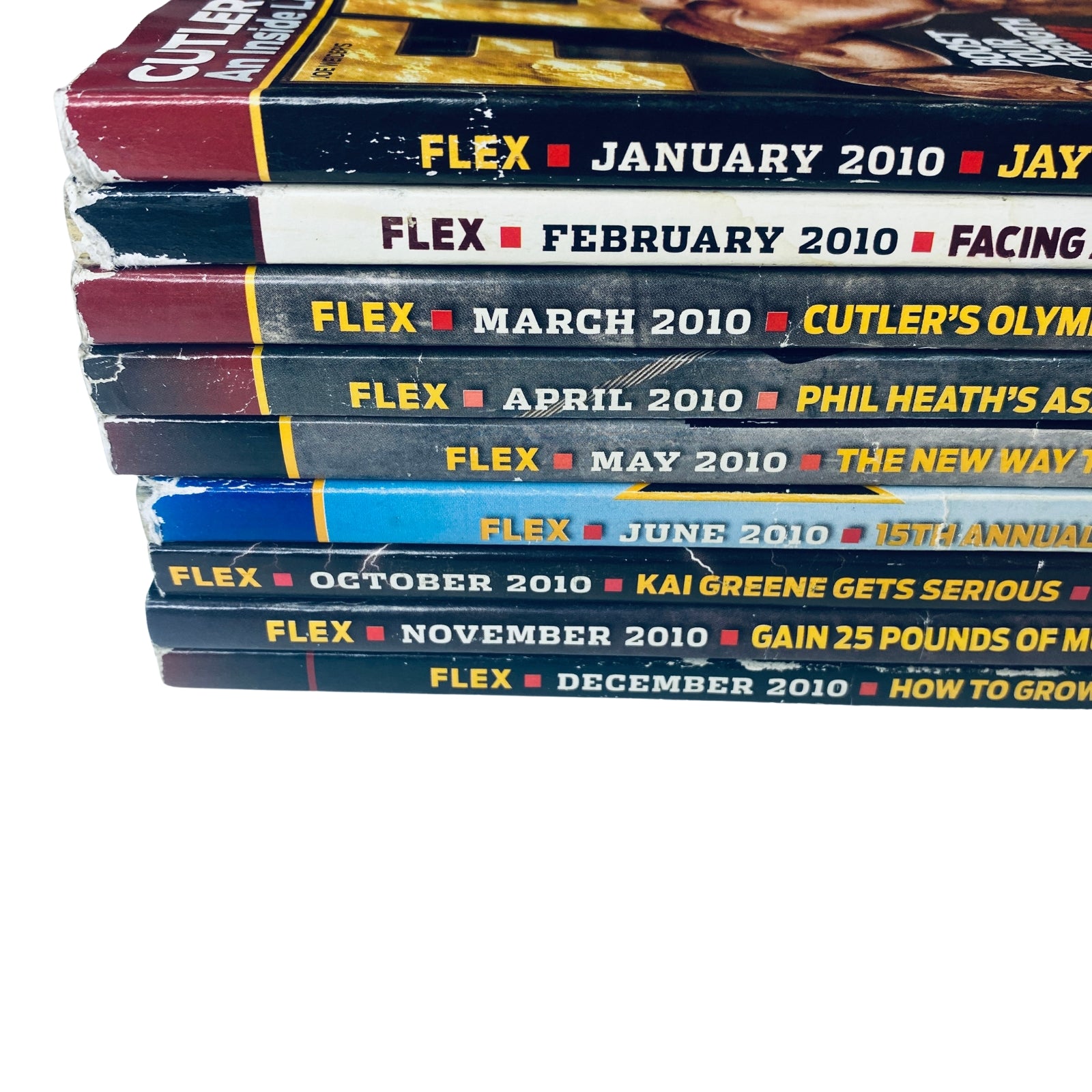 Spines of the 2010 Flex Magazines, listing issue names and publication dates from January to December, emphasizing fitness and bodybuilding themes.