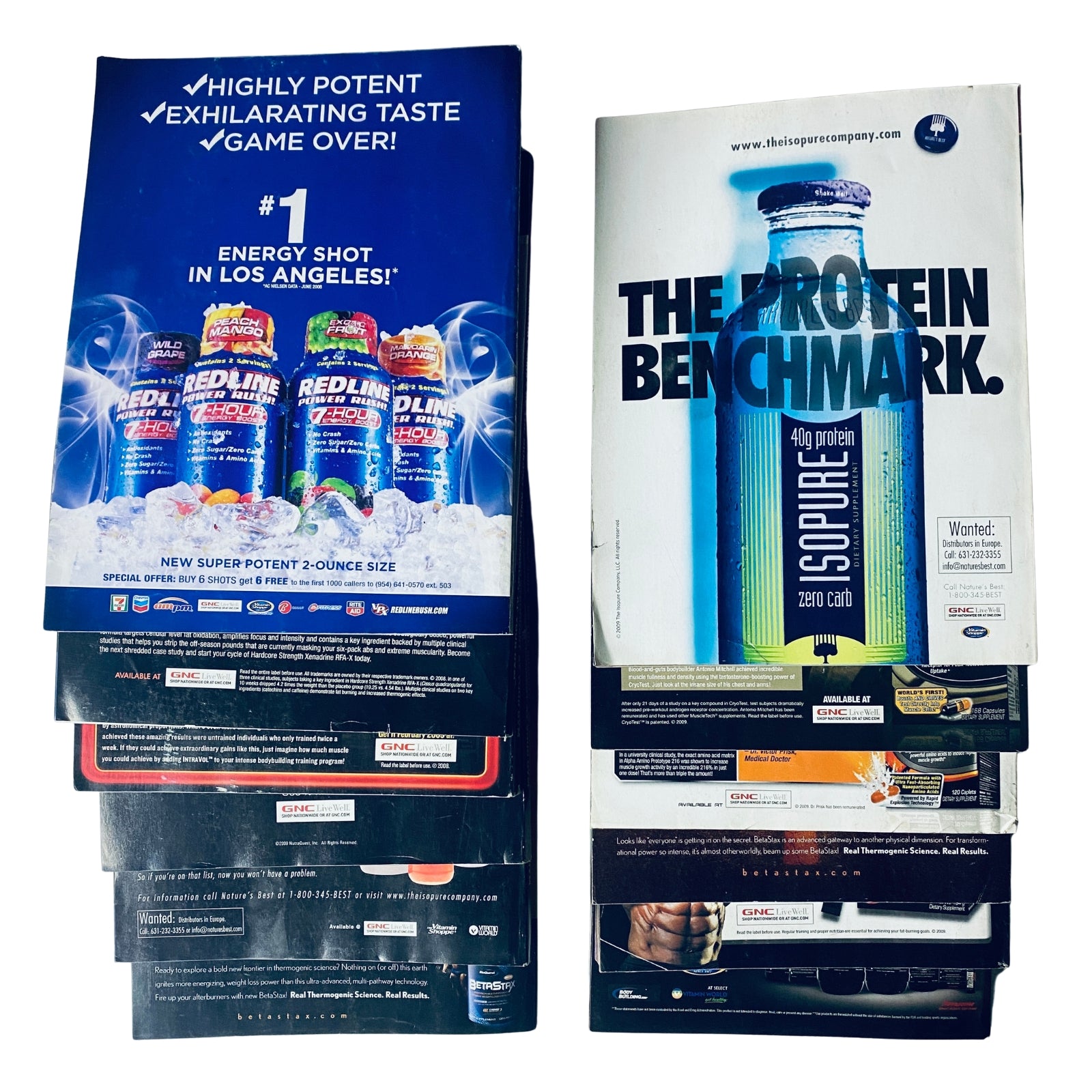 Lot of 12 Flex Magazine 2009 Full Year January to December showing magazine spines and covers with depicted fitness advertisements and promotional content, highlighting bodybuilding culture and supplement information.