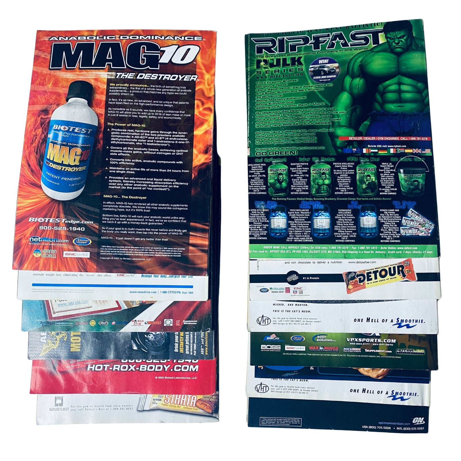 Lot of 12 Flex Magazine 2003 Full Year January to December - Back covers displaying advertisements for fitness supplements and bodybuilding products.