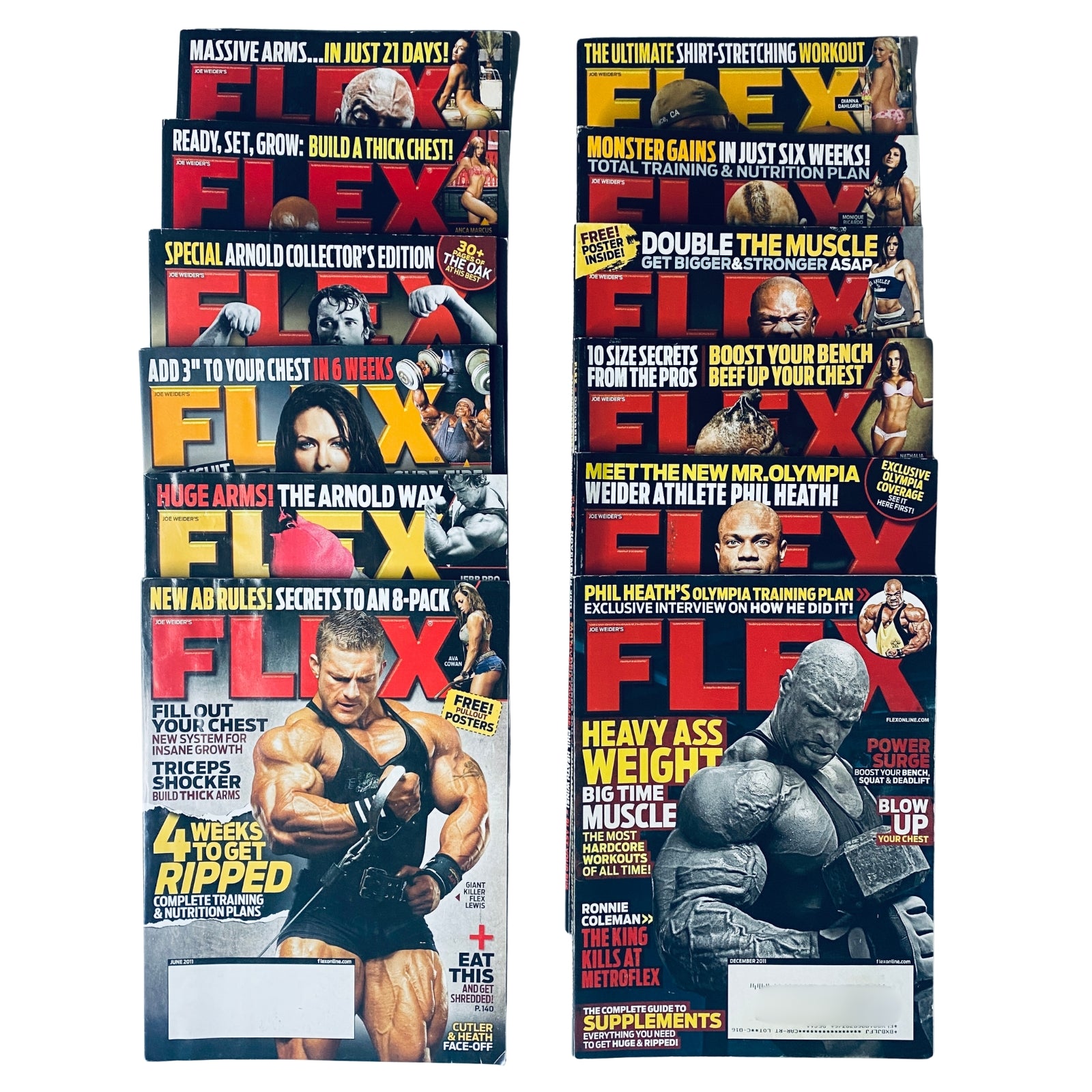 Lot of 12 Flex Magazine 2011 Full Year January - December showing various covers highlighting bodybuilding techniques and fitness tips.