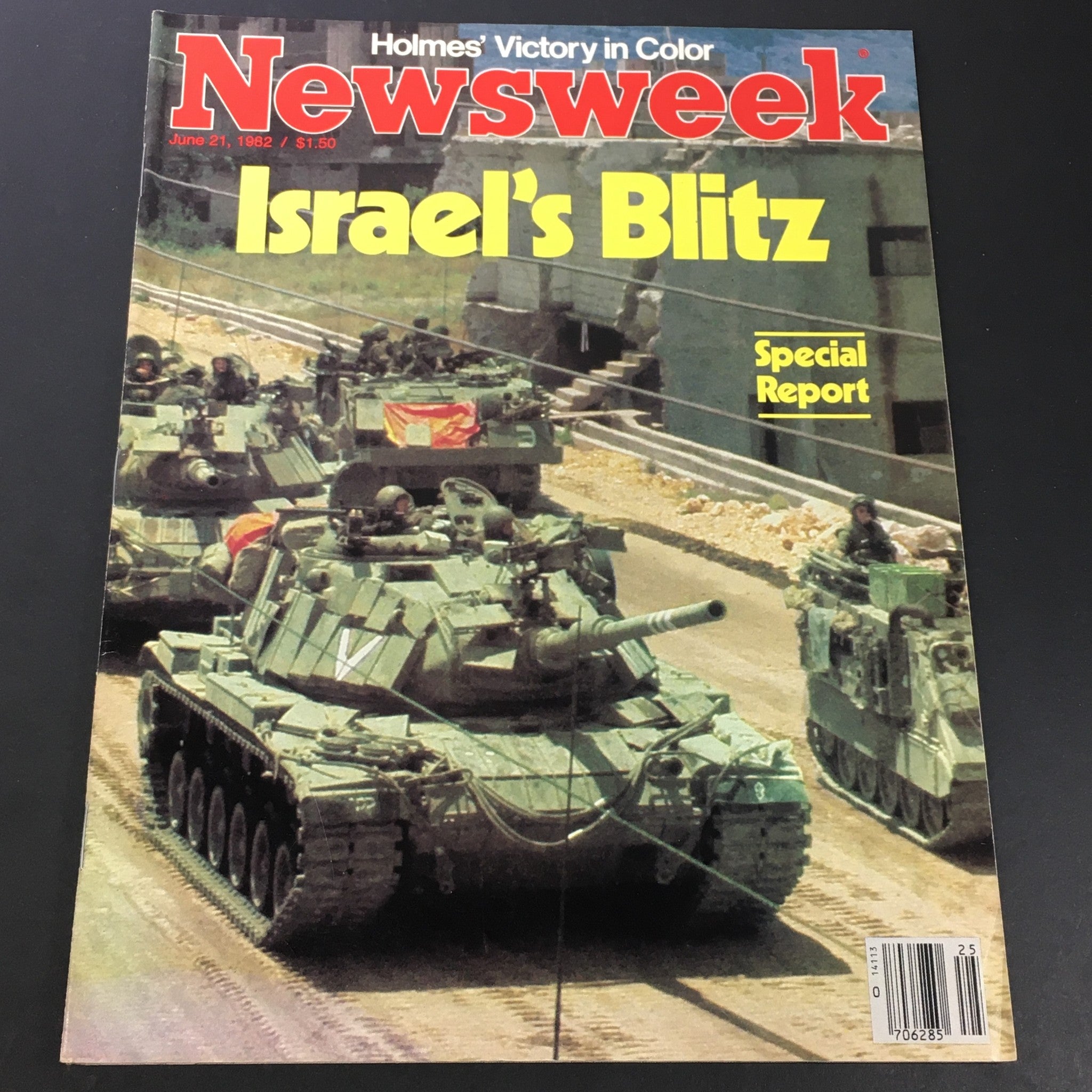 VTG Newsweek June 21 1982 magazine cover featuring Holmes' Victory in Color and Israel's Blitz, showcasing military tanks and soldiers in action.