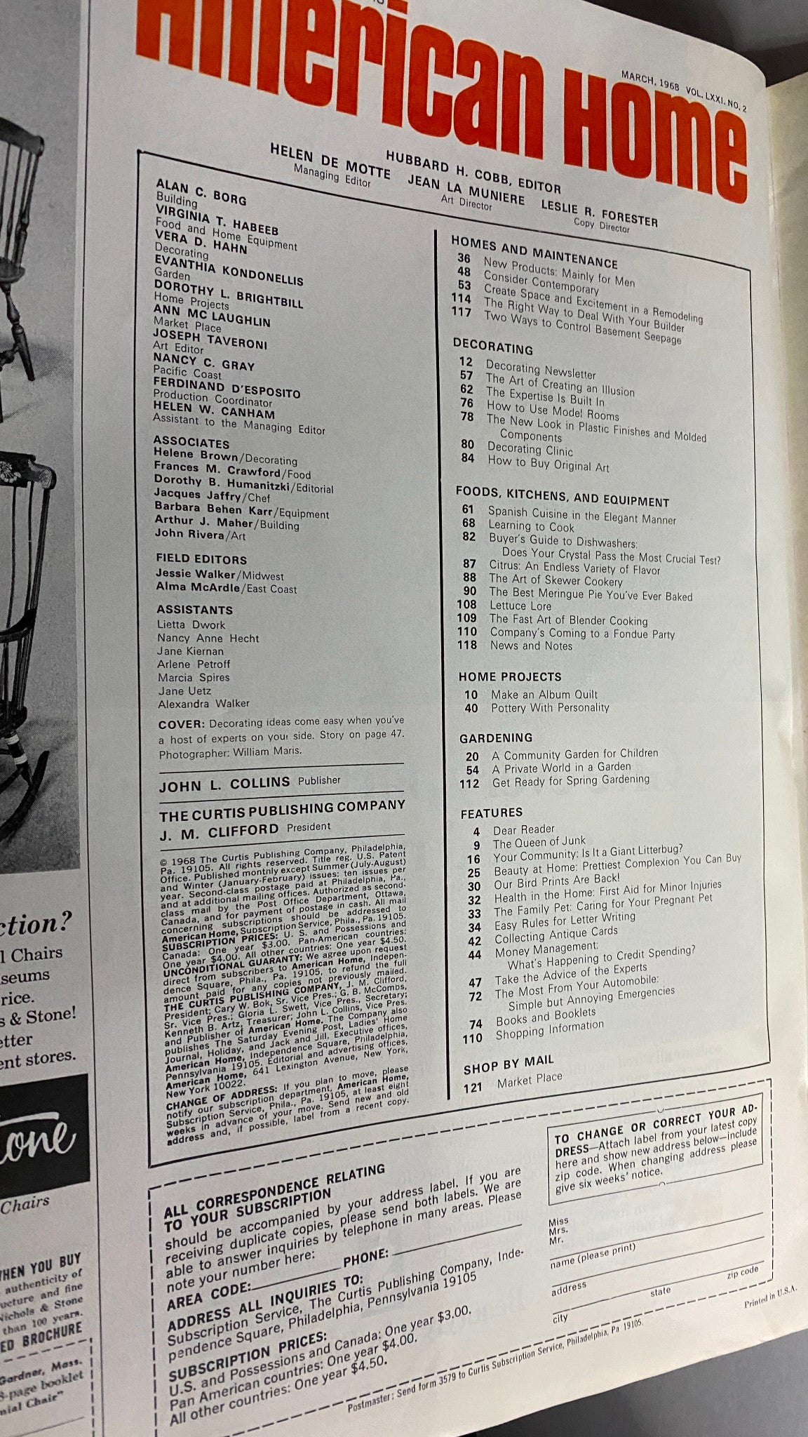 VTG American Home Magazine March 1968 Whole Houseful of Ideas No Label