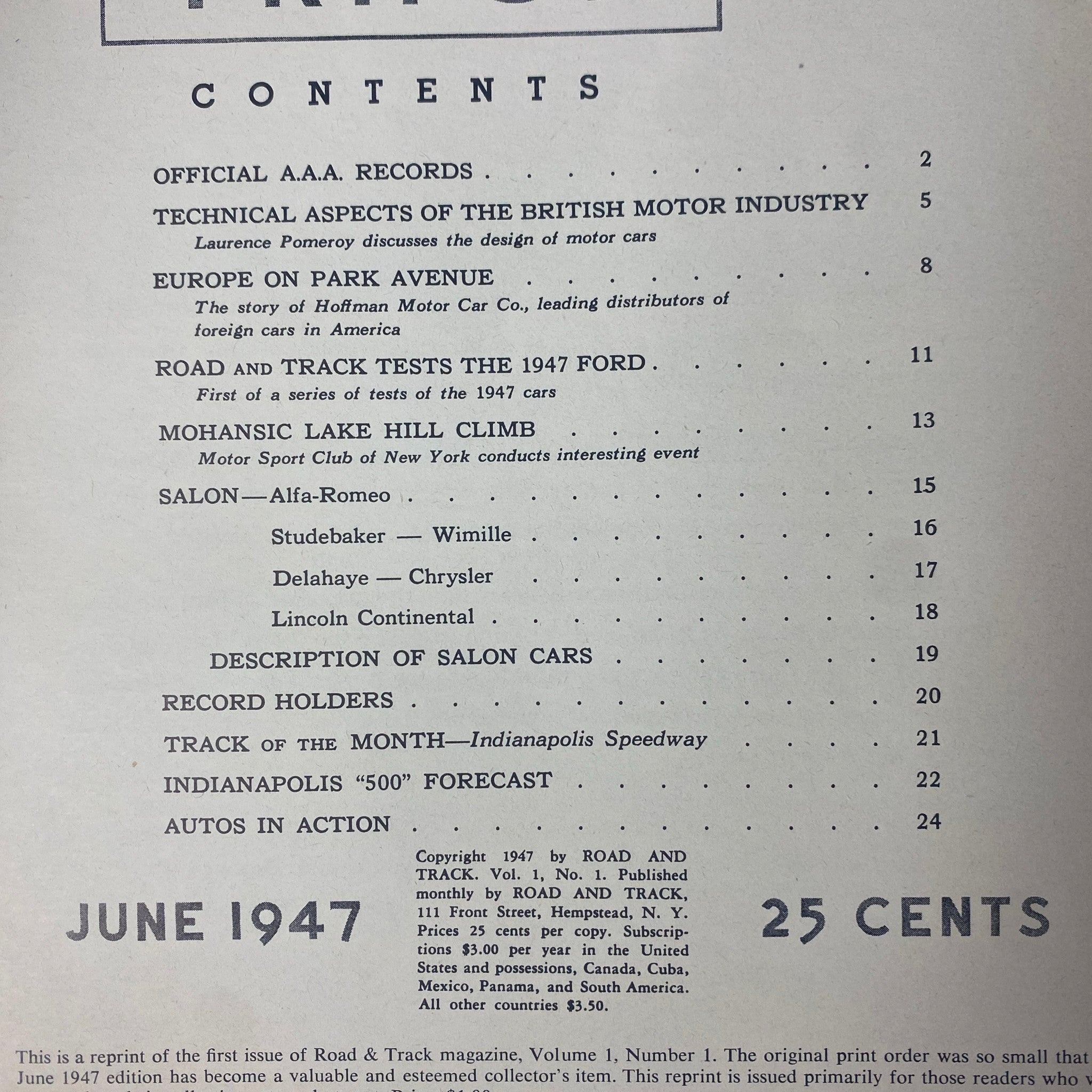 Table of contents from Road and Track Magazine June 1947, outlining key articles including 'Europe on Park Avenue' and technical assessments of the British motor industry.