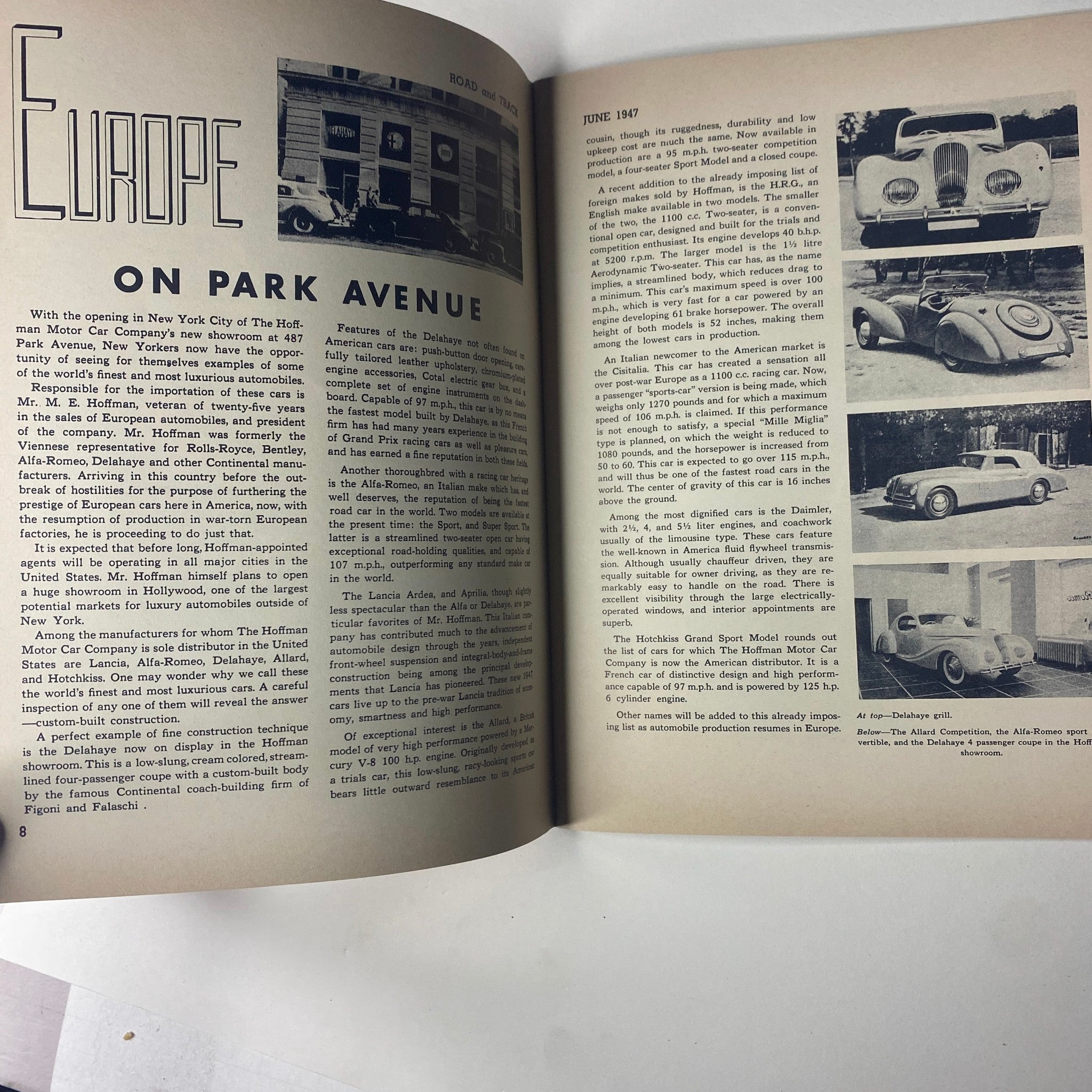 Interior pages of Road and Track Magazine June 1947 showcasing the article 'Europe on Park Avenue' with images of European cars, reflecting the magazine's 1940s automotive focus.