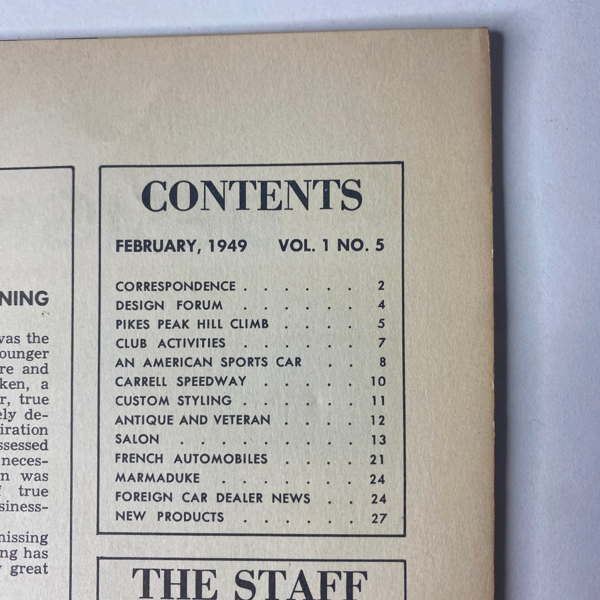 Road and Track Magazine February 1949, Table of Contents featuring articles such as Pikes Peak Hill Climb and more, good condition.