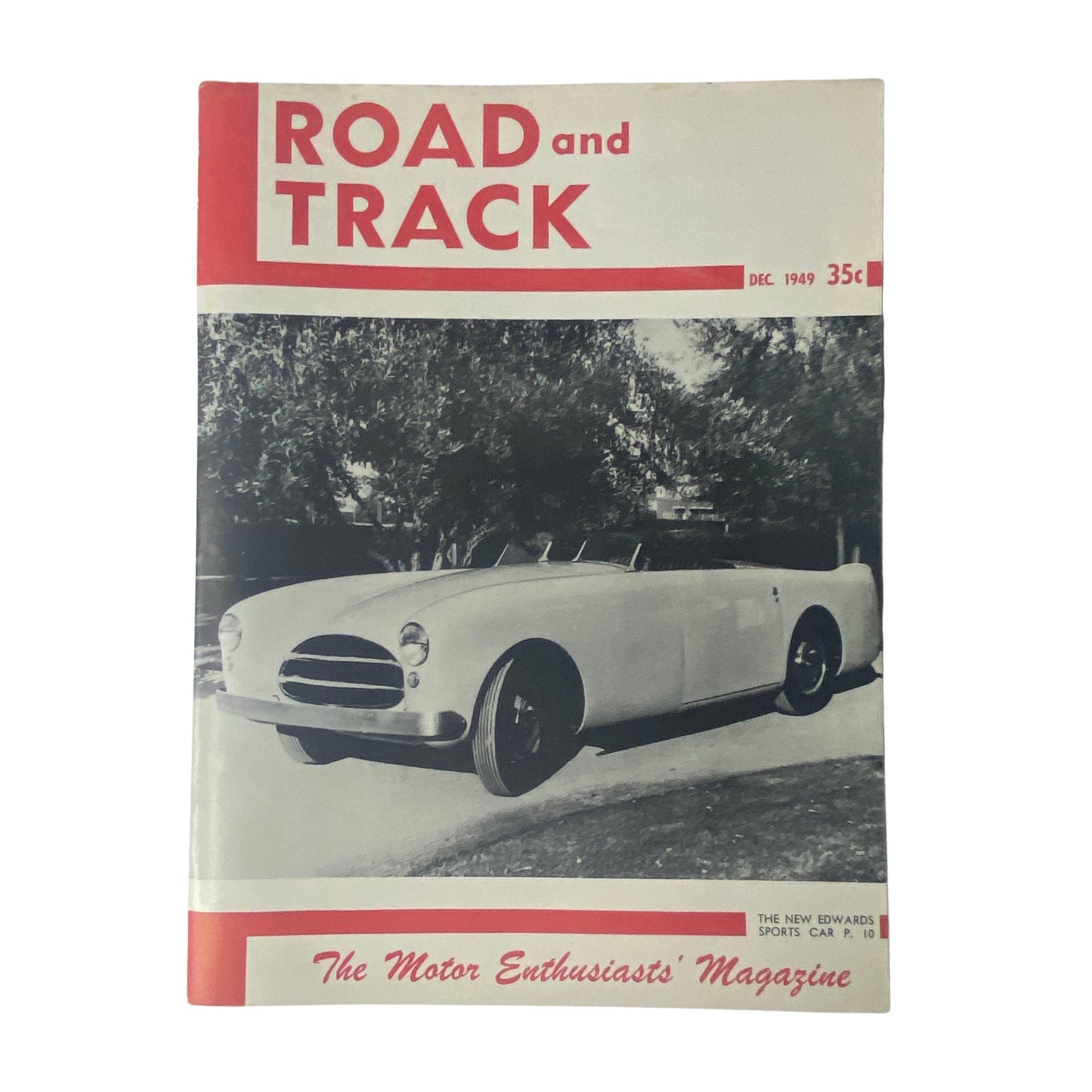 Cover of Road and Track Magazine December 1949 featuring a classic white sports car, highlighting the bold title 'Drive a Ford V-8 193 MPH'.