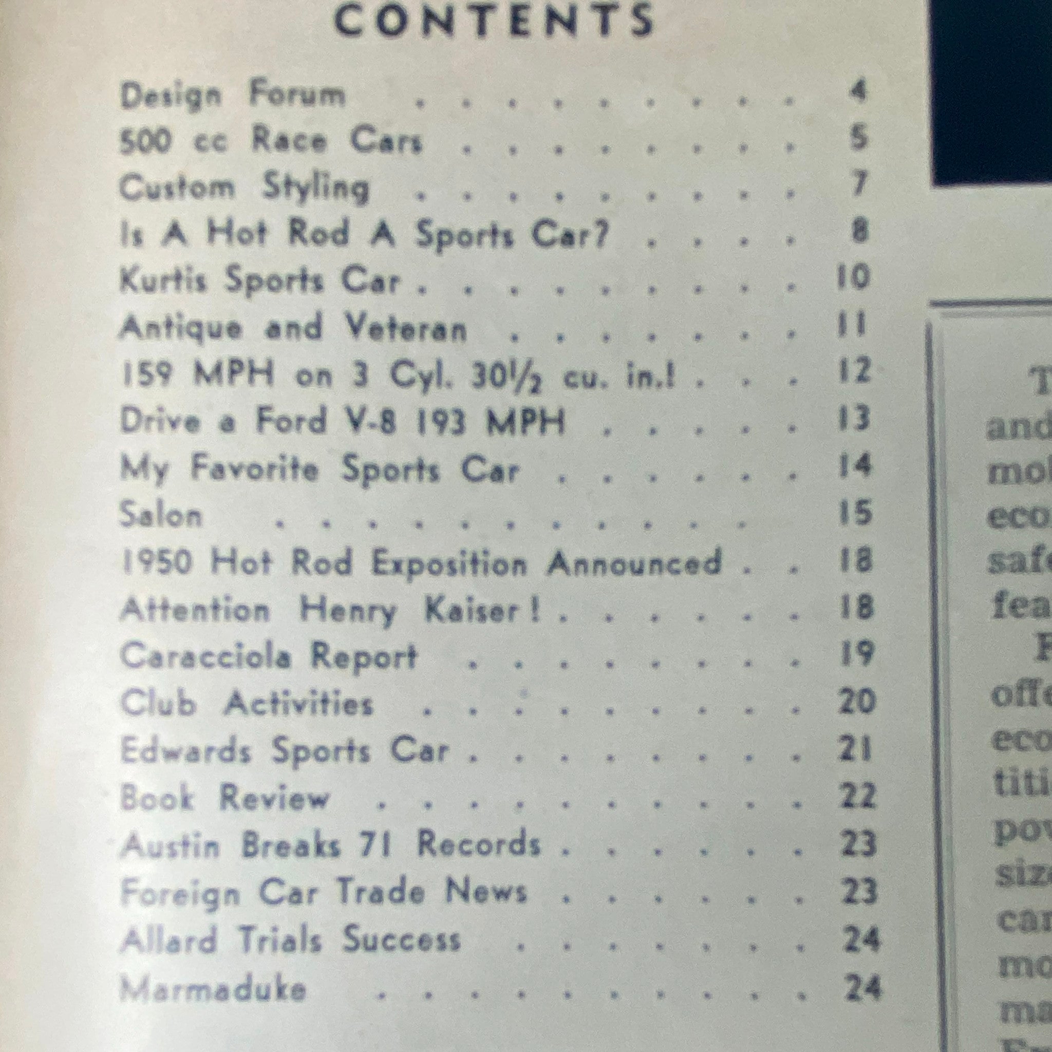 Table of contents from Road and Track Magazine December 1949, listing articles such as 'Design Forum', '500 cc Race Cars', and 'Drive a Ford V-8 193 MPH'.