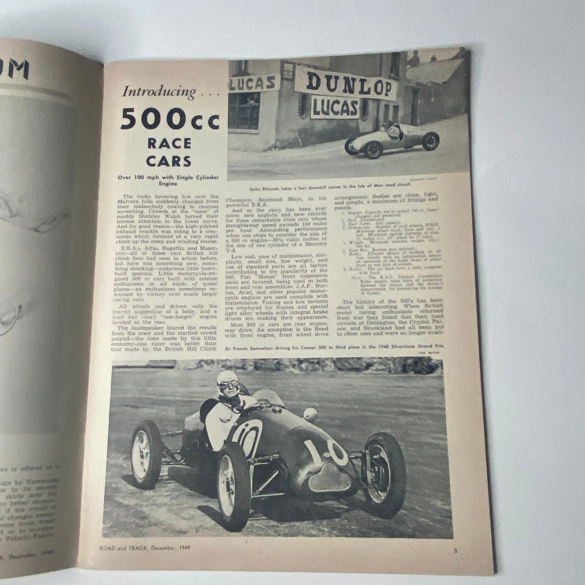 Road and Track Magazine December 1949 image featuring an article on 500cc race cars, showcasing a single-cylinder racing vehicle with detailed specifications.