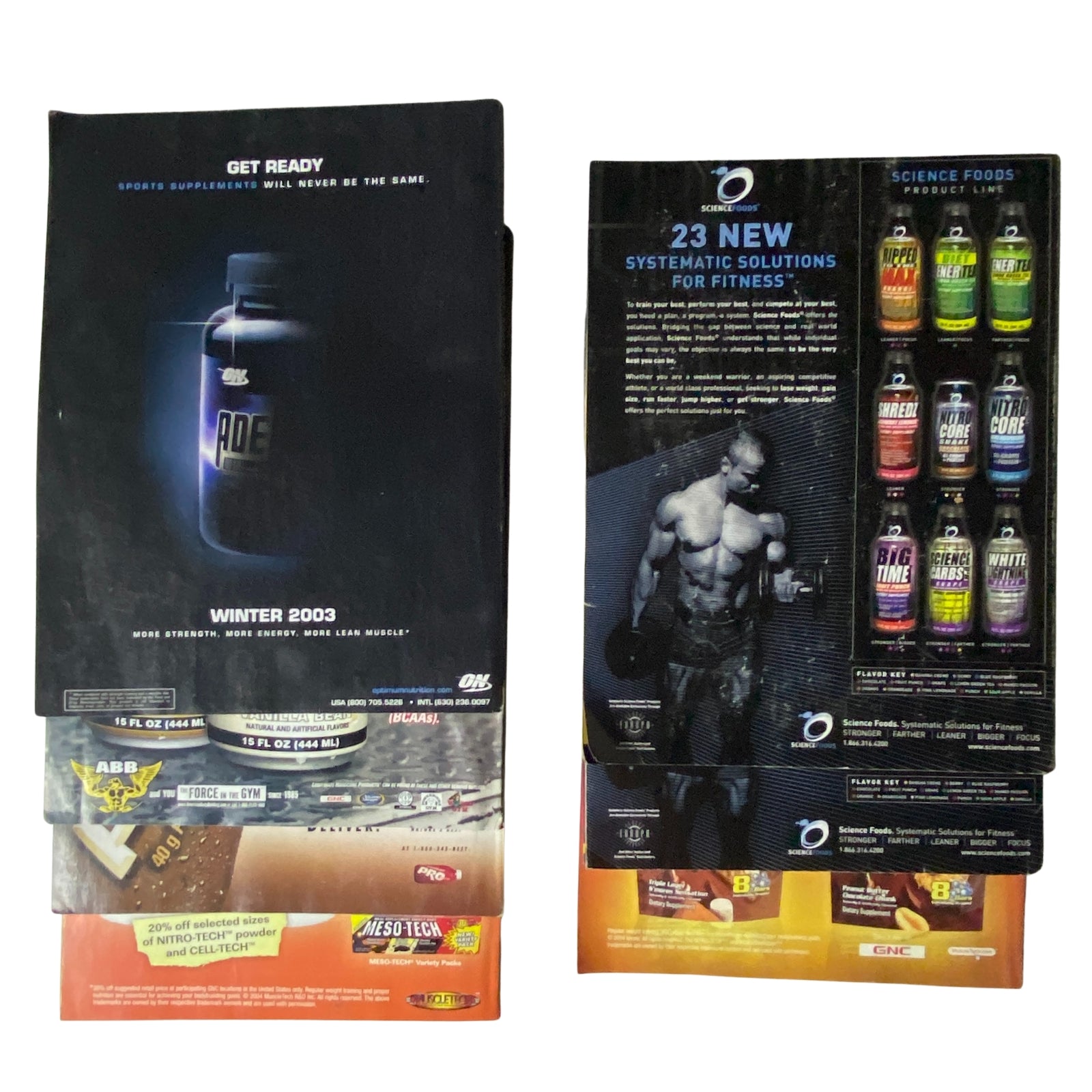 Reverse side of the Lot of 7 Joe Weider's Flex Magazine from 2004, highlighting advertisements for fitness supplements and workout products.