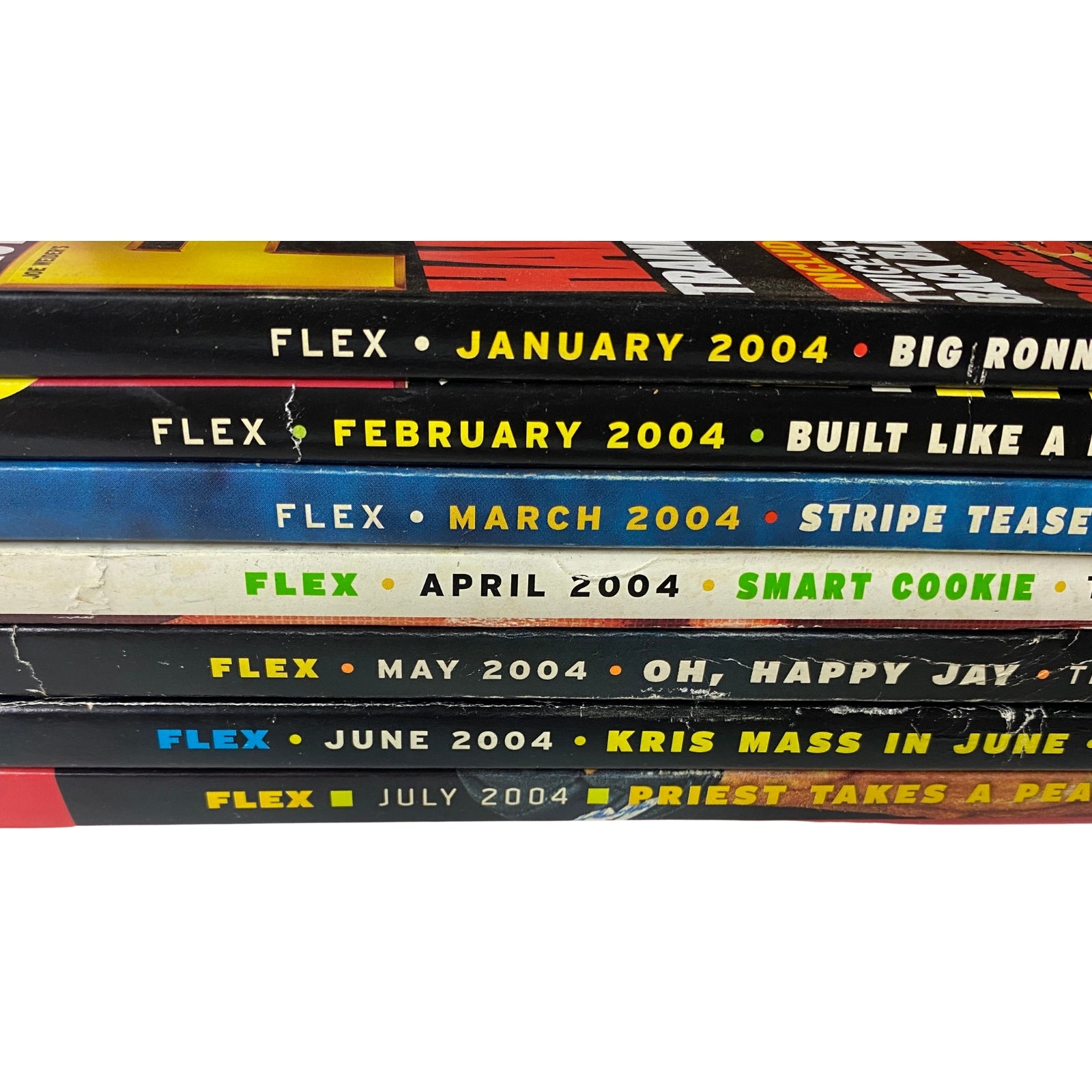 Lot of 7 Joe Weider's Flex Magazine January to July 2004 features cover titles for each month, showing bodybuilding insights and training articles.