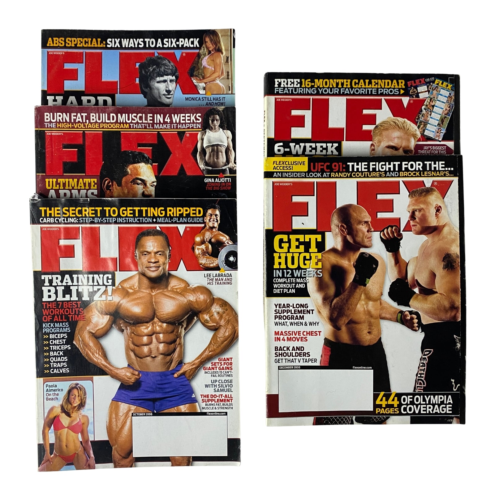 Lot of 5 Joe Weider's Flex Magazine covers from 2008 August to December, showcasing fitness and bodybuilding topics.