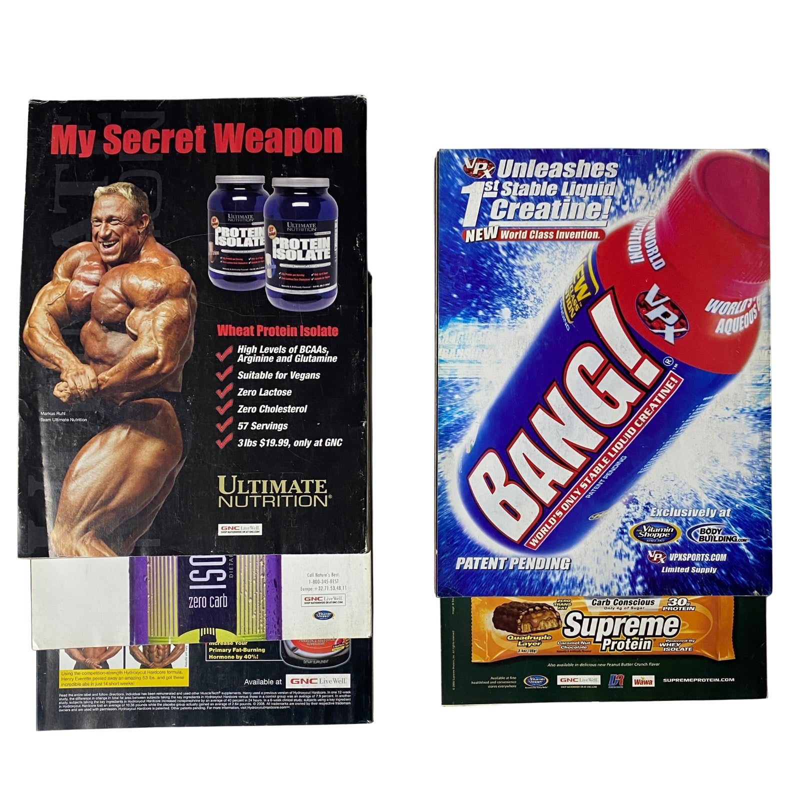 Back covers of Joe Weider's Flex Magazine featuring protein supplements and nutrition products from the 2008 collection.