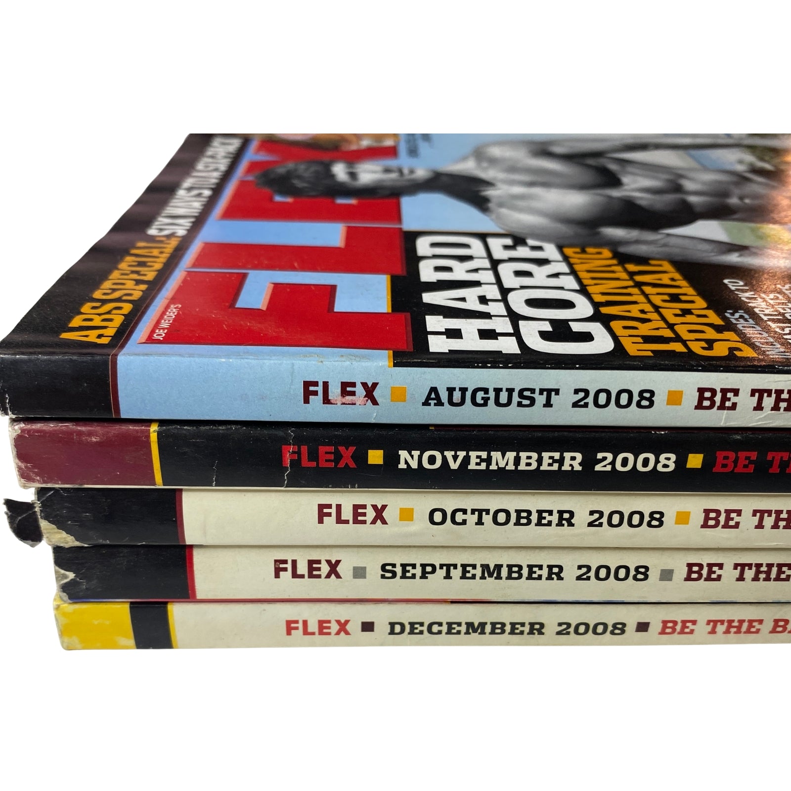 Spine view of the Lot of 5 Joe Weider's Flex Magazine issues from 2008, highlighting the months August to December.
