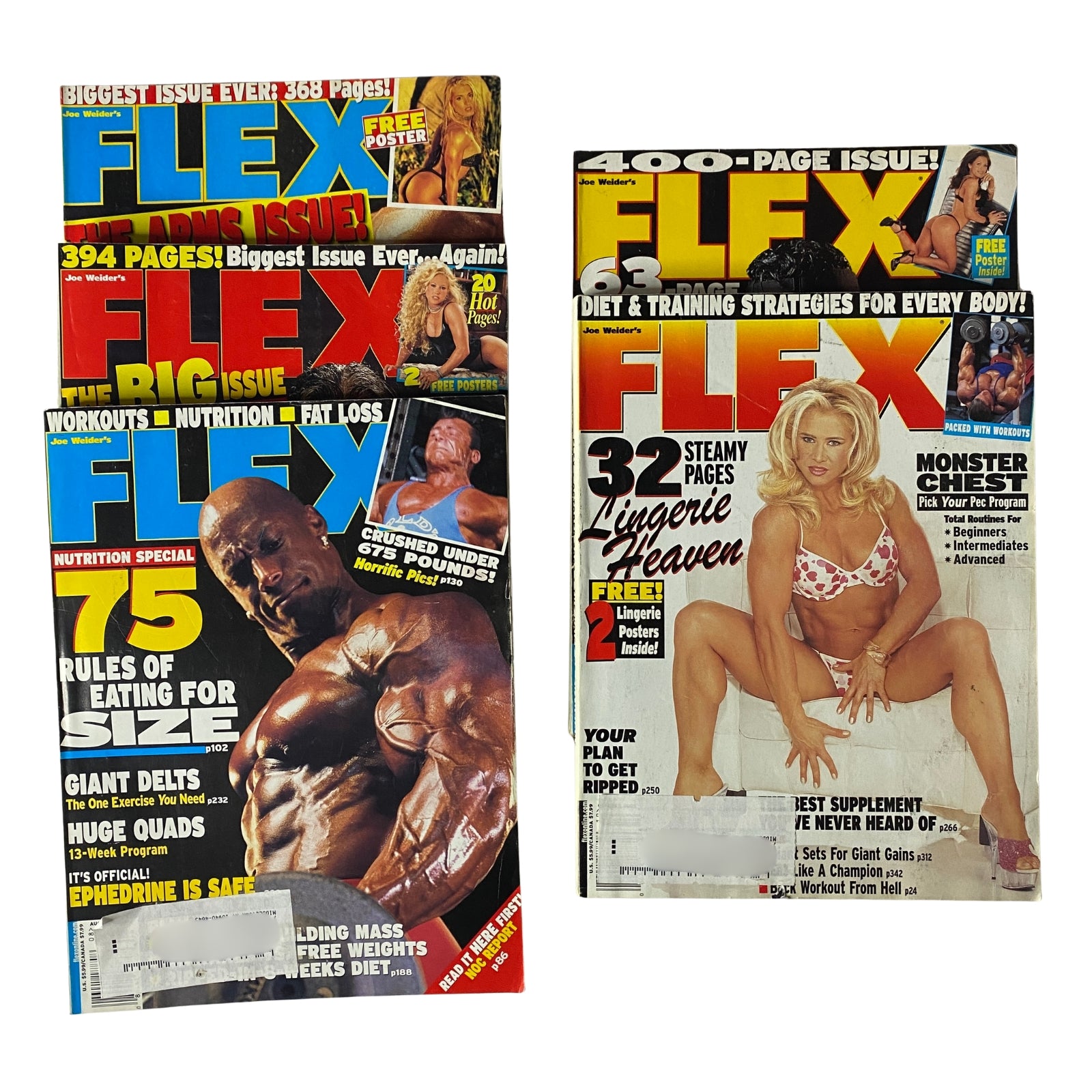 Lot of 5 Joe Weider's Flex Magazine 2002 June to October covers featuring bodybuilding insights, workout guides, and nutrition strategies. Includes diverse content with prominent fitness models and advertisements focused on bodybuilding and health.