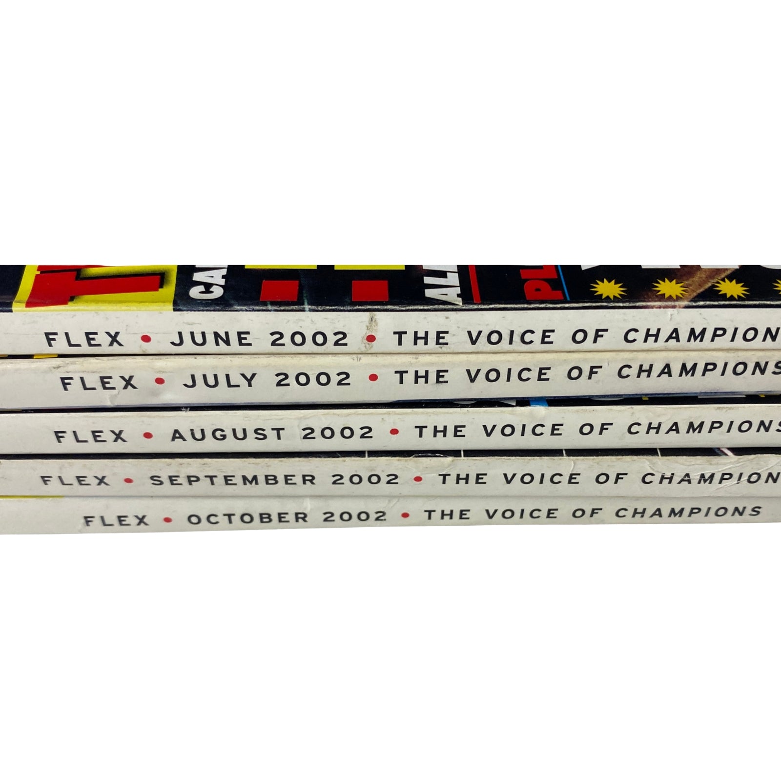 Lot of 5 Joe Weider's Flex Magazine 2002 June to October - Spines of five consecutive issues showcasing titles from June to October 2002.
