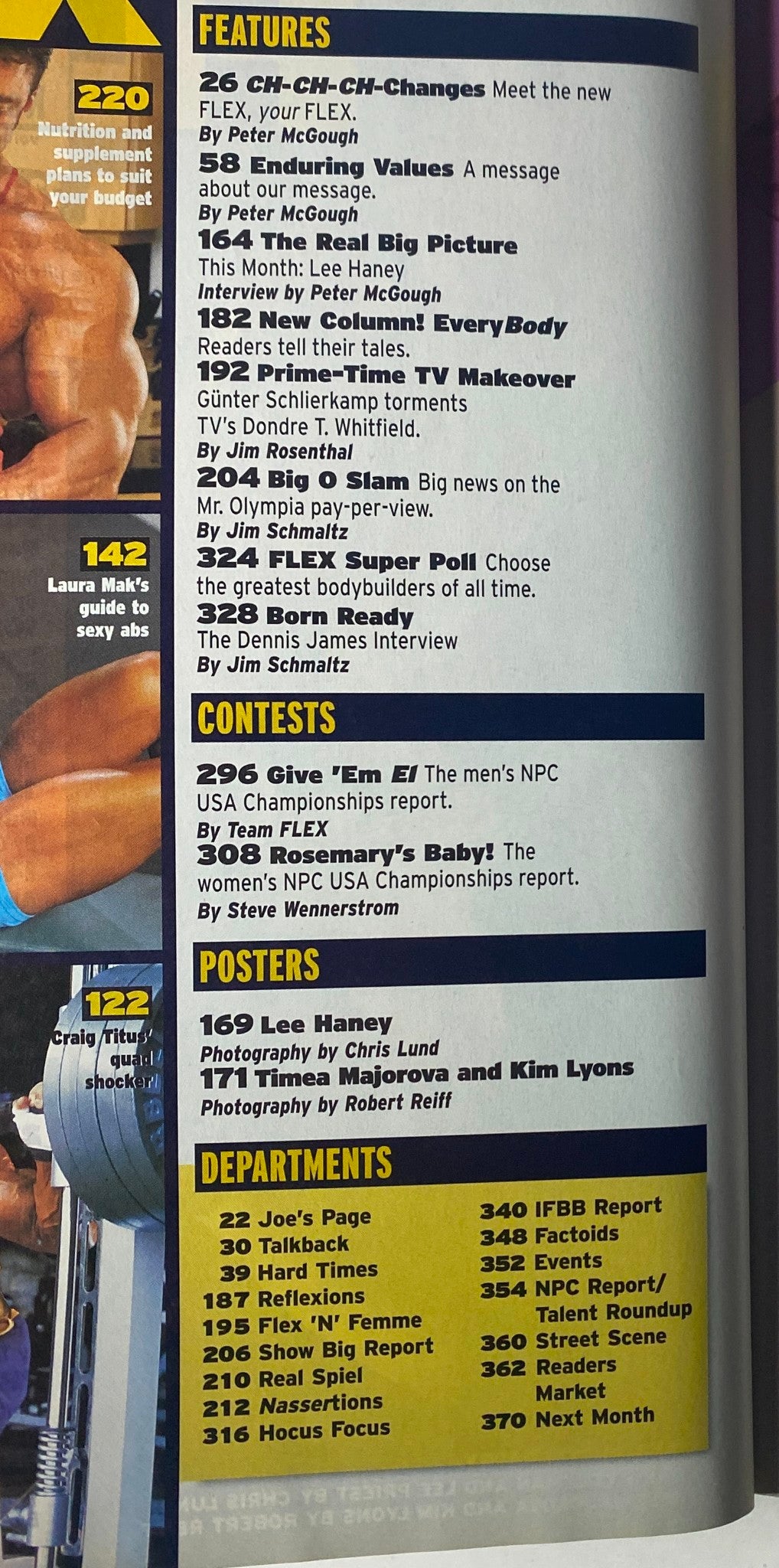 Features section of Flex Magazine November 2002, listing articles on training, nutrition, contests, and posters including a Lee Haney feature.