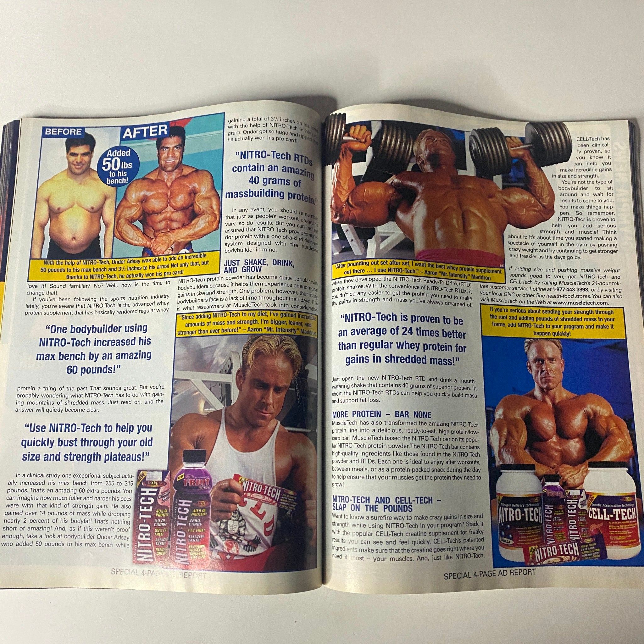 Flex Magazine November 2002 Vol 20, Num 9 showcasing a special 4-page ad report with before and after images highlighting bodybuilding results using Nitro-Tech supplements.