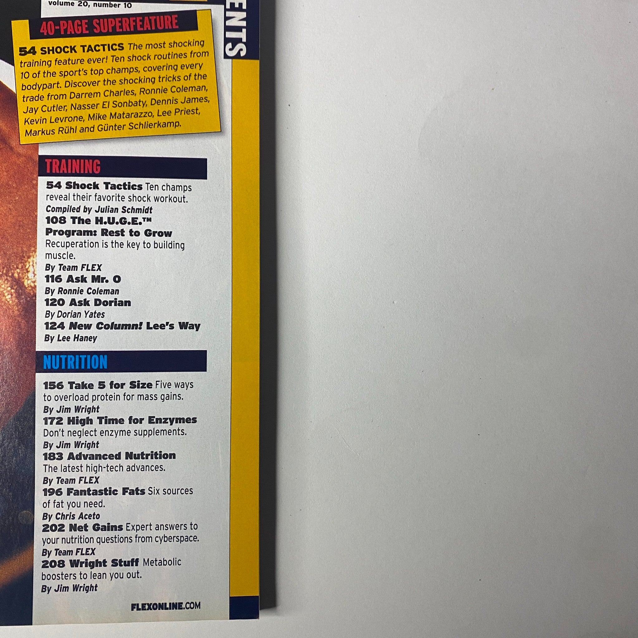 Inside page from Flex Magazine December 2002, Vol 20, Num 10 detailing training articles including 'Shock Tactics' and nutrition tips, emphasizing bodybuilding guidance.