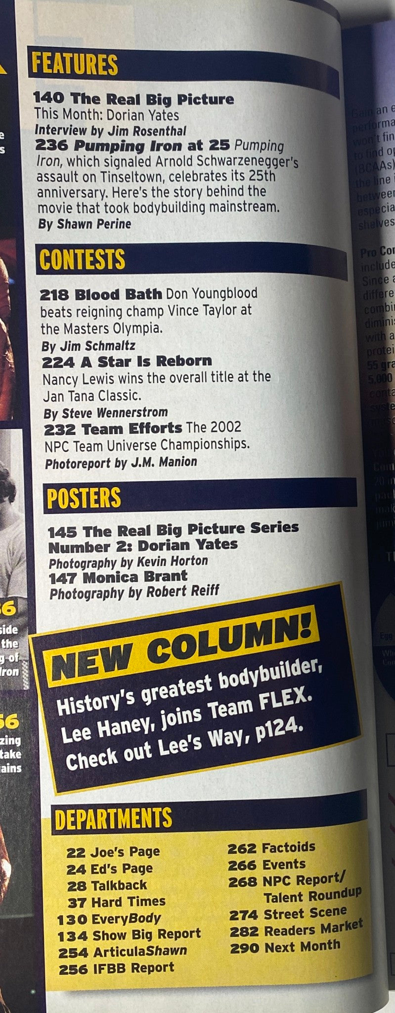 Flex Magazine December 2002 features Dorian Yates on the cover, highlighting bodybuilding contests and training strategies including 'Blood Bath' and 'The Real Big Picture Series'.