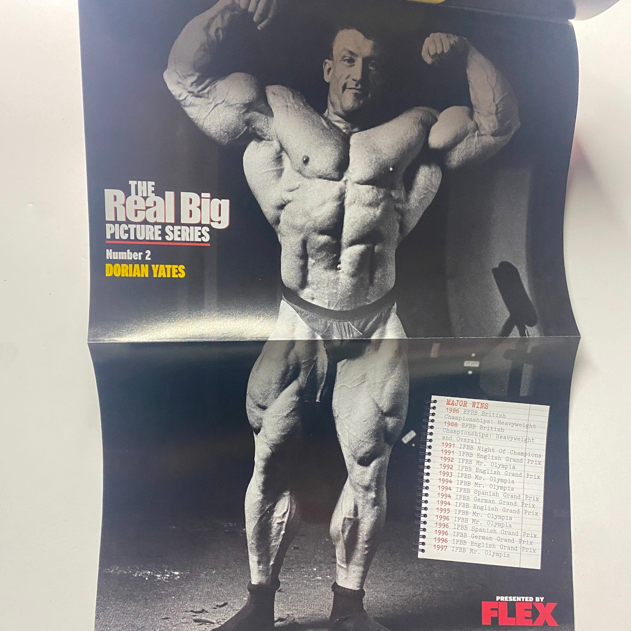 Flex Magazine December 2002 includes a fold-out poster of Dorian Yates, showcasing his impressive physique as part of the 'Real Big Picture Series'.
