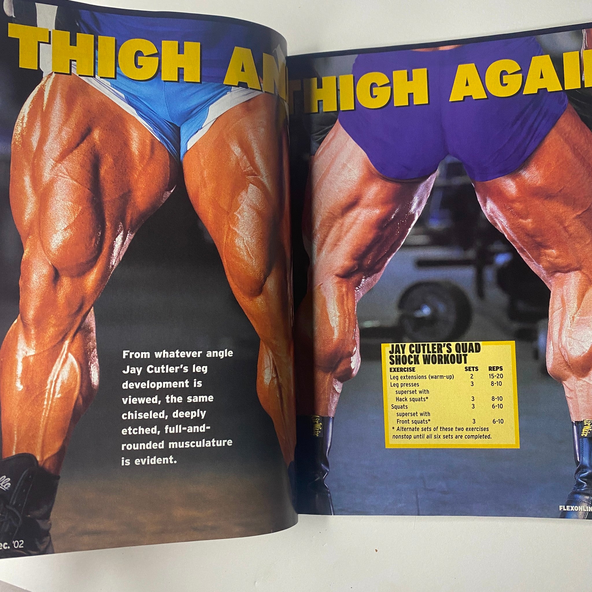 Thigh development featured in Flex Magazine December 2002, comparing leg workouts of Jay Cutler with a focus on muscle definition and training tips.