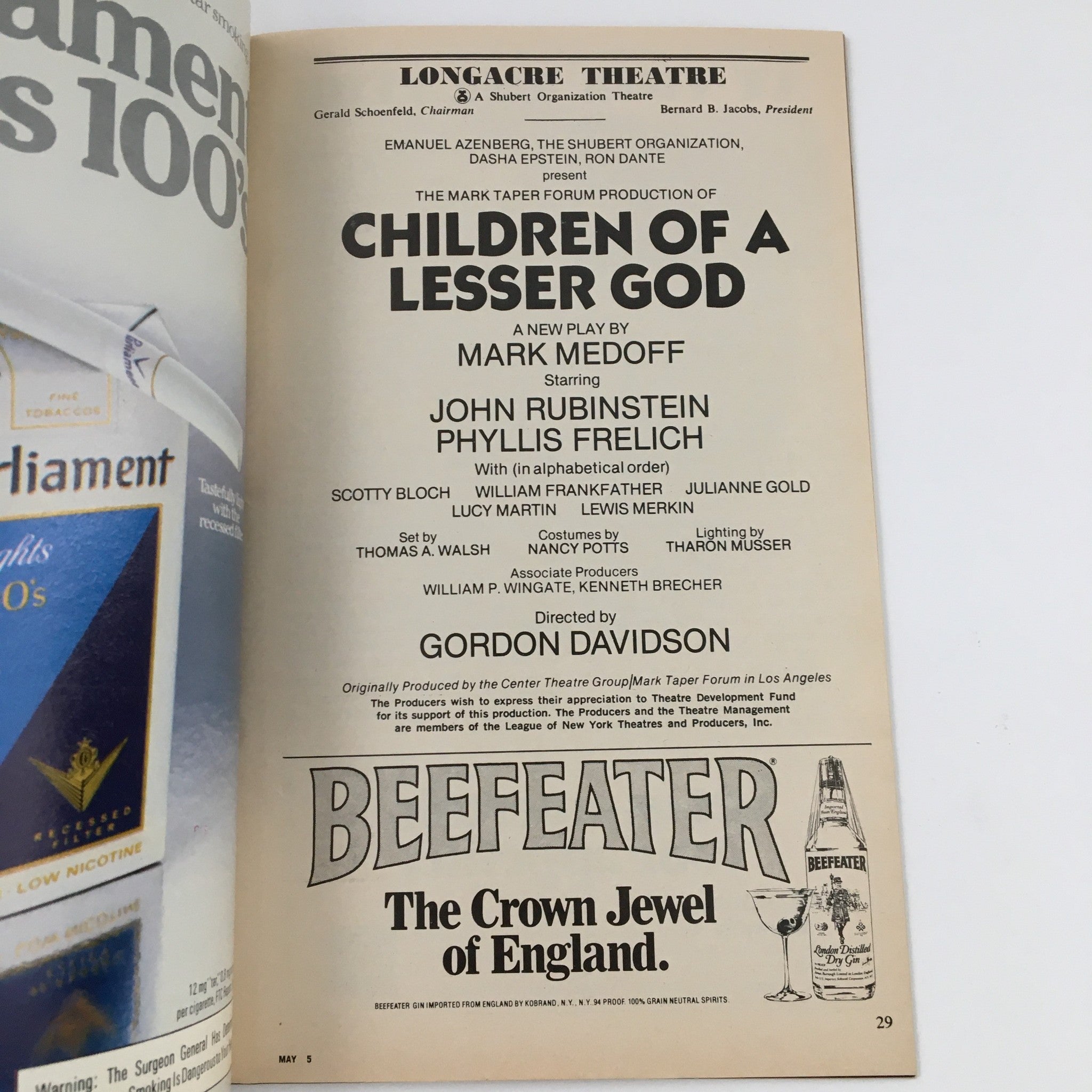 1980 Playbill Longacre Theatre Present Children of a Lesser God, Gordon Davidson