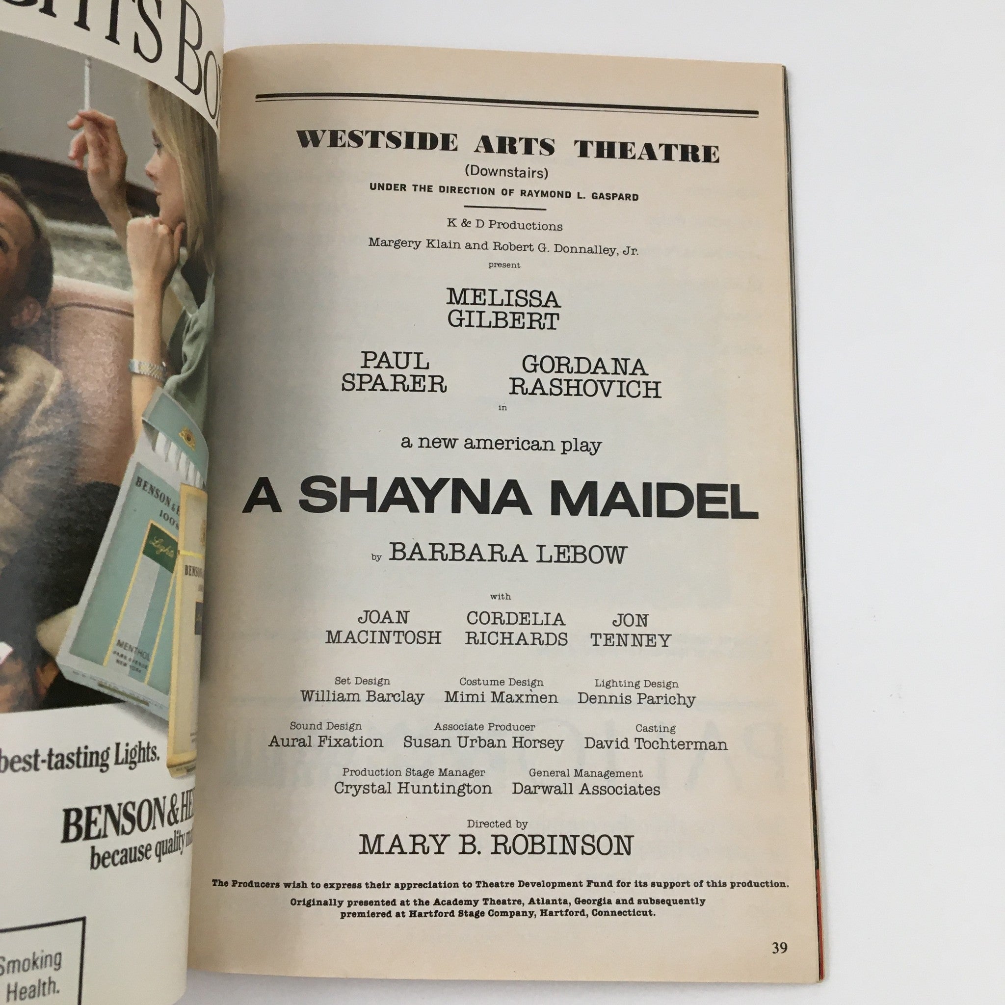 1987 Playbill Westside Arts Theatre Present Melissa Gilbert in A Shayna Maidel