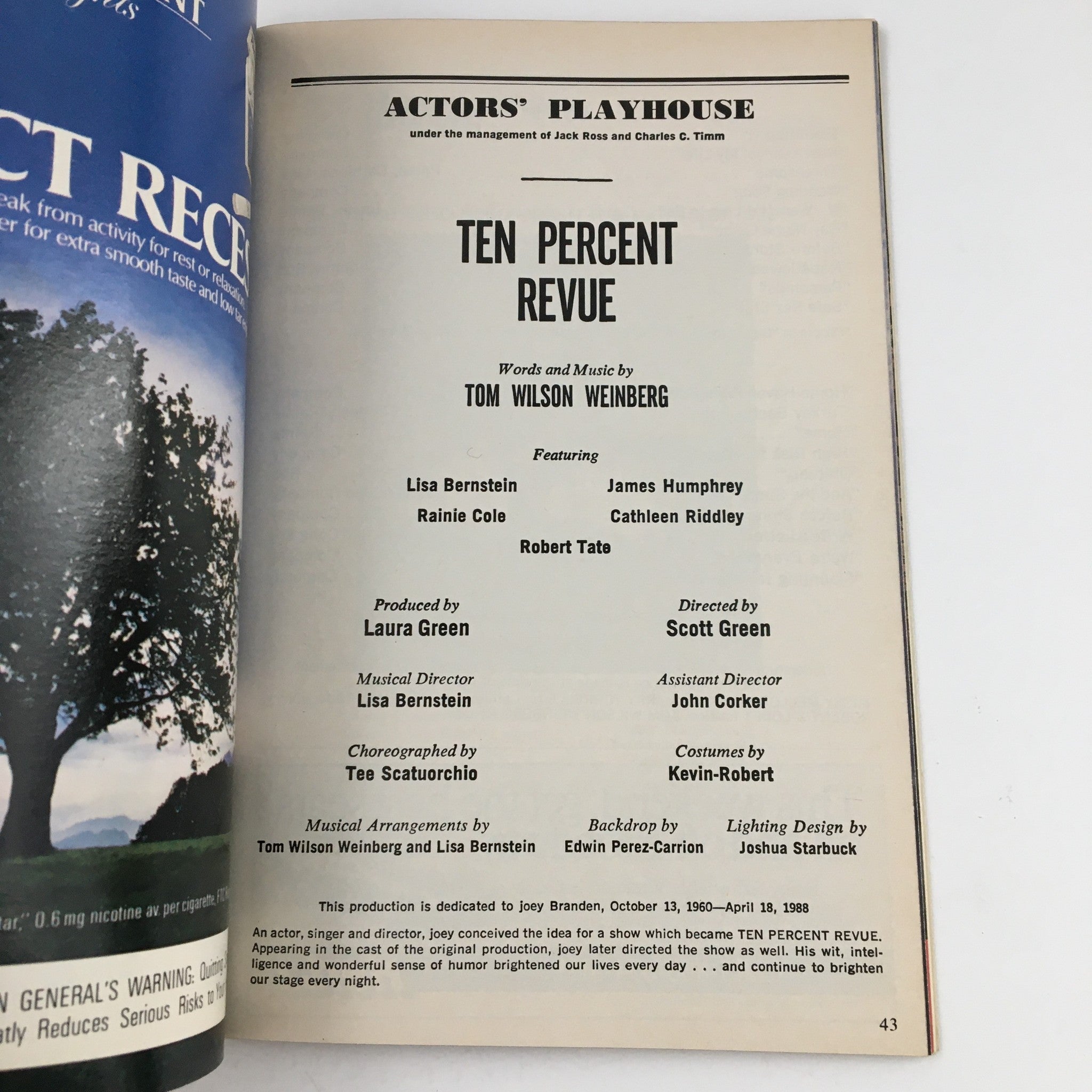 1988 Playbill Actors' Playhouse Present Ten Percent Revue by Tom Wilson Weinberg