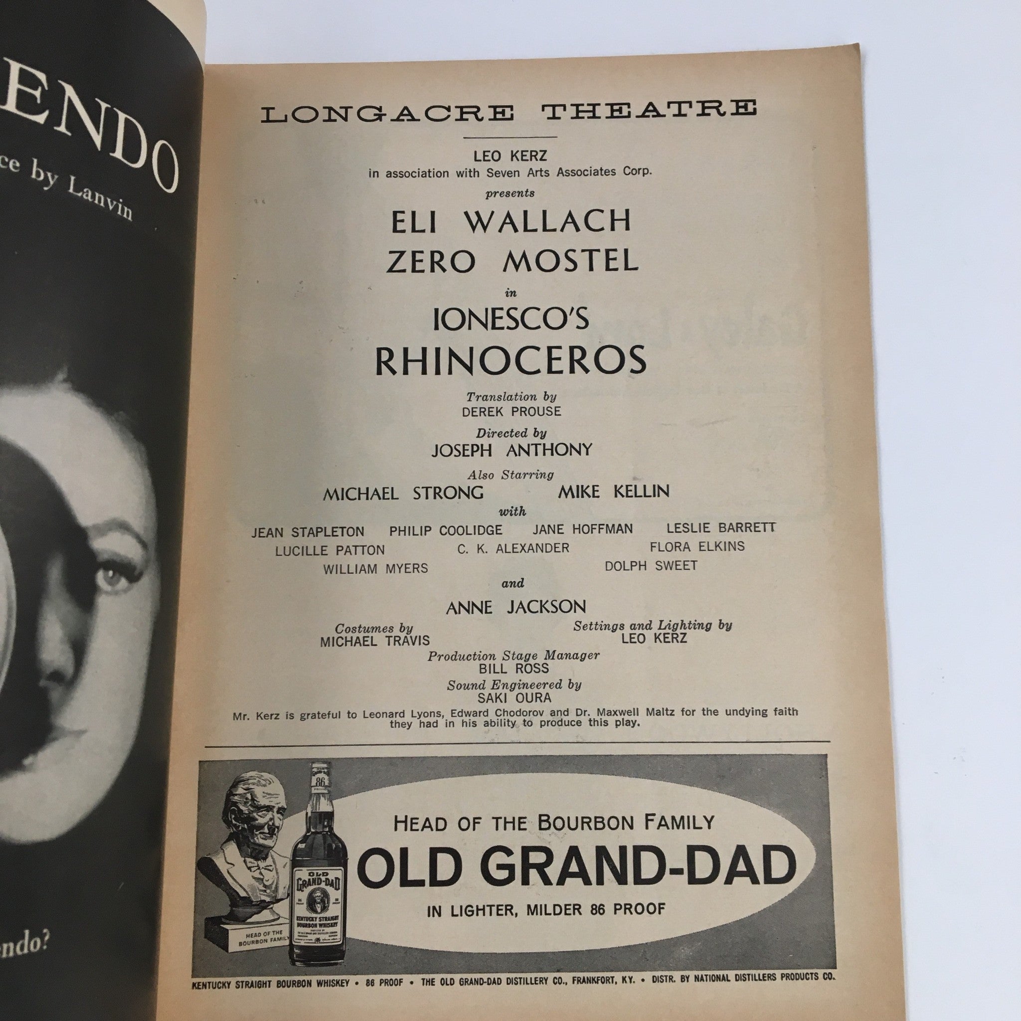 1961 Playbill Longacre Theatre Present Eli Wallach in Ionesco's Rhinoceros