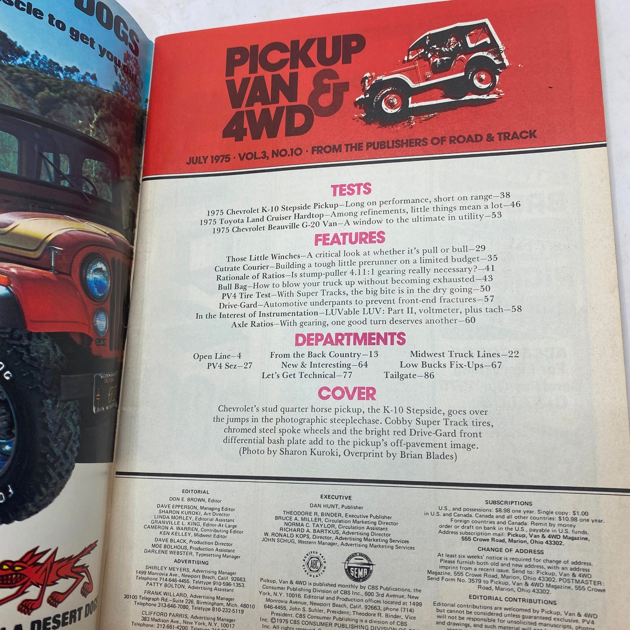 Inside page of VTG Pickup, Van & 4WD Magazine July 1975 showcasing articles and features related to Chevrolet's K-10 Stepside Pickup.