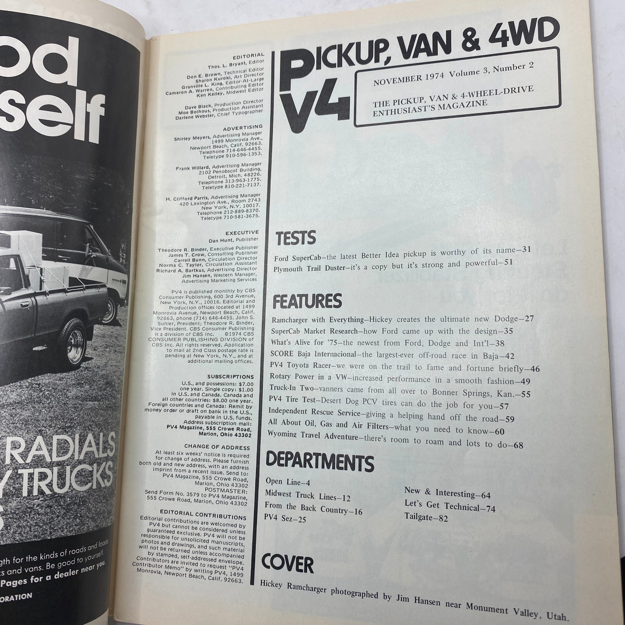 VTG Pickup, Van & 4WD V4 Magazine November 1974 Ramcharger w Everything No Label