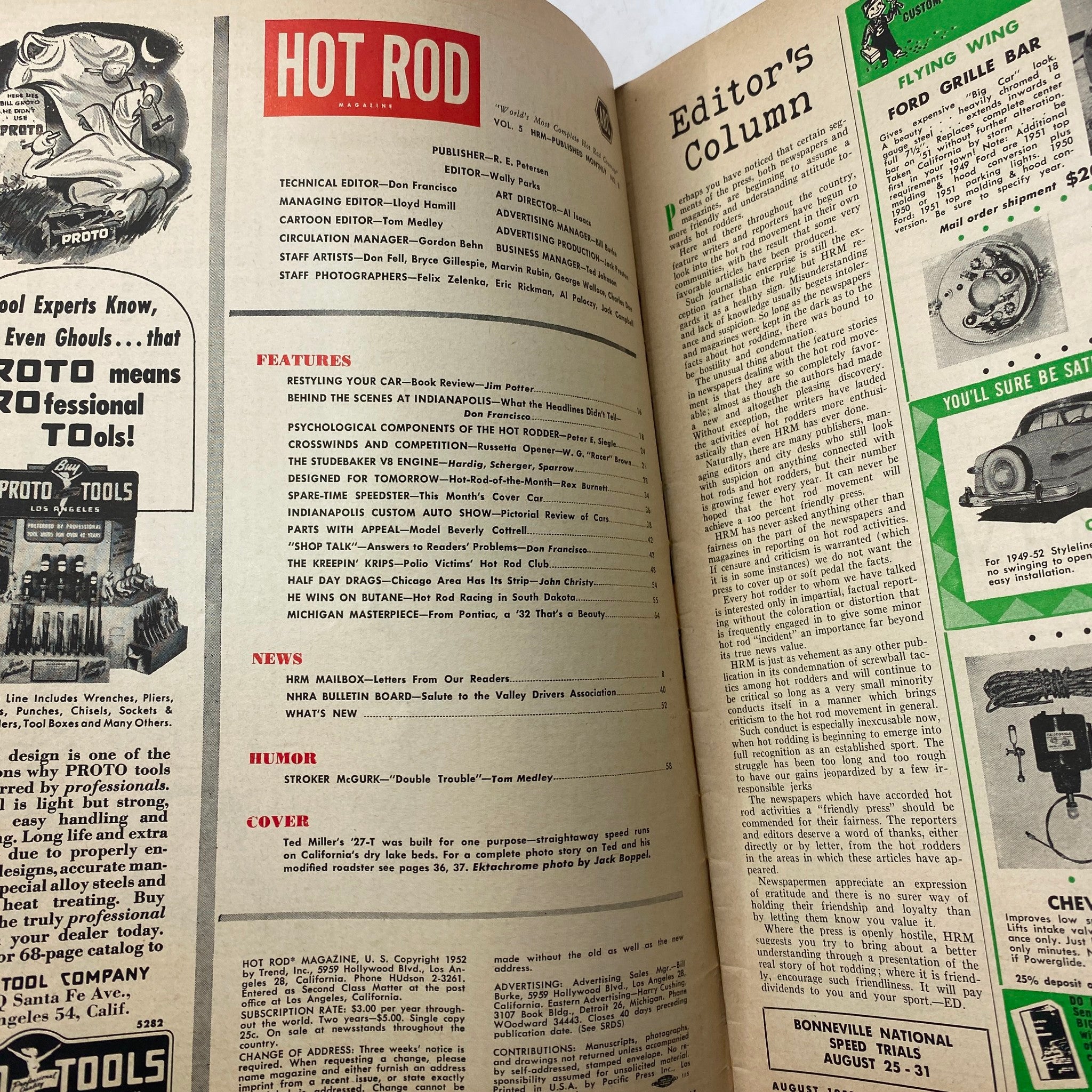 VTG Hot Rod Magazine August 1952 Ted Miller's 27-T on California No Label