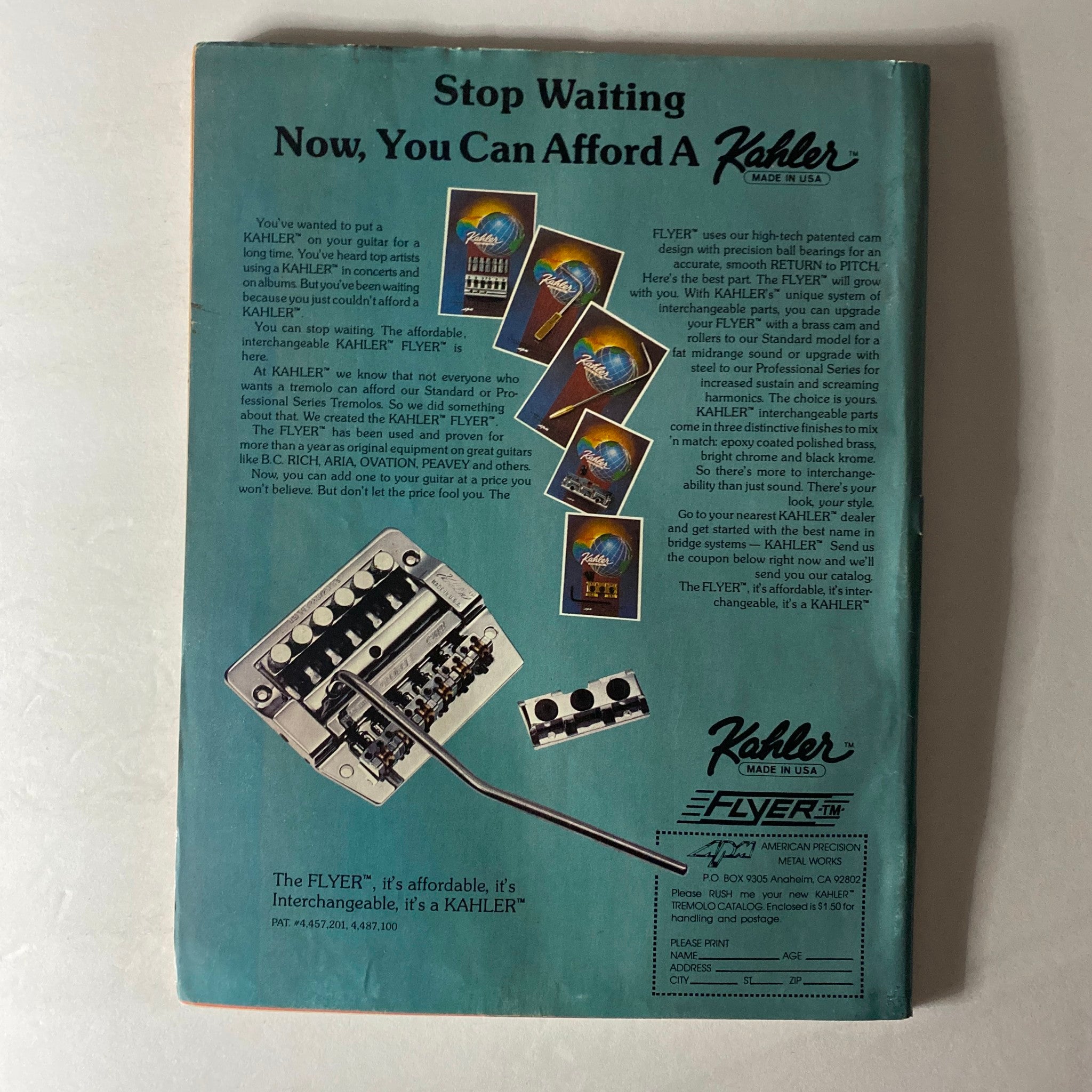 Back cover of VTG Guitar Magazine November 1985, featuring an advertisement for Kahler guitar products, appealing to musicians seeking high-quality equipment.