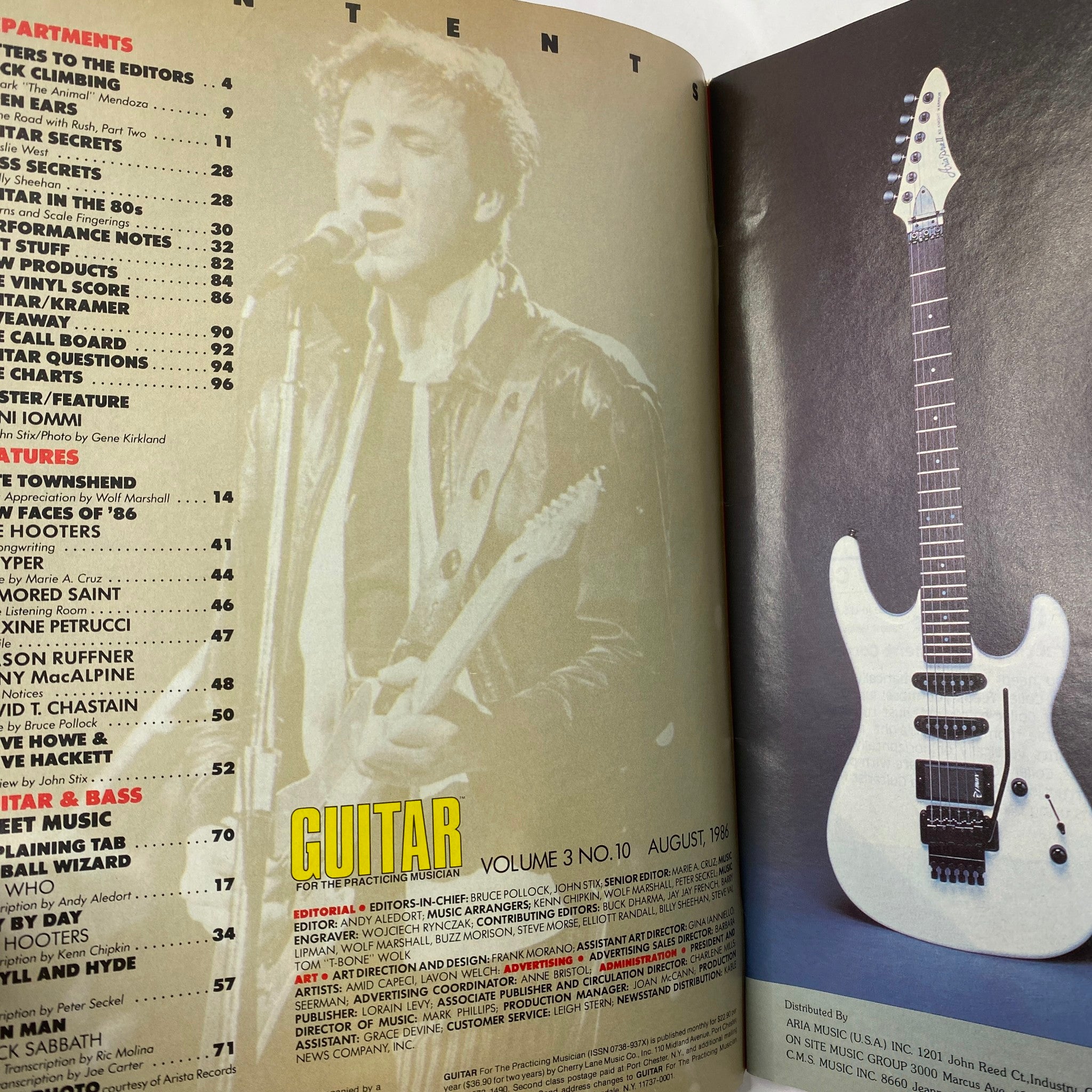 Interior page of VTG Guitar Magazine August 1986 displaying the content table listing articles and features about legendary guitarists and rock bands.