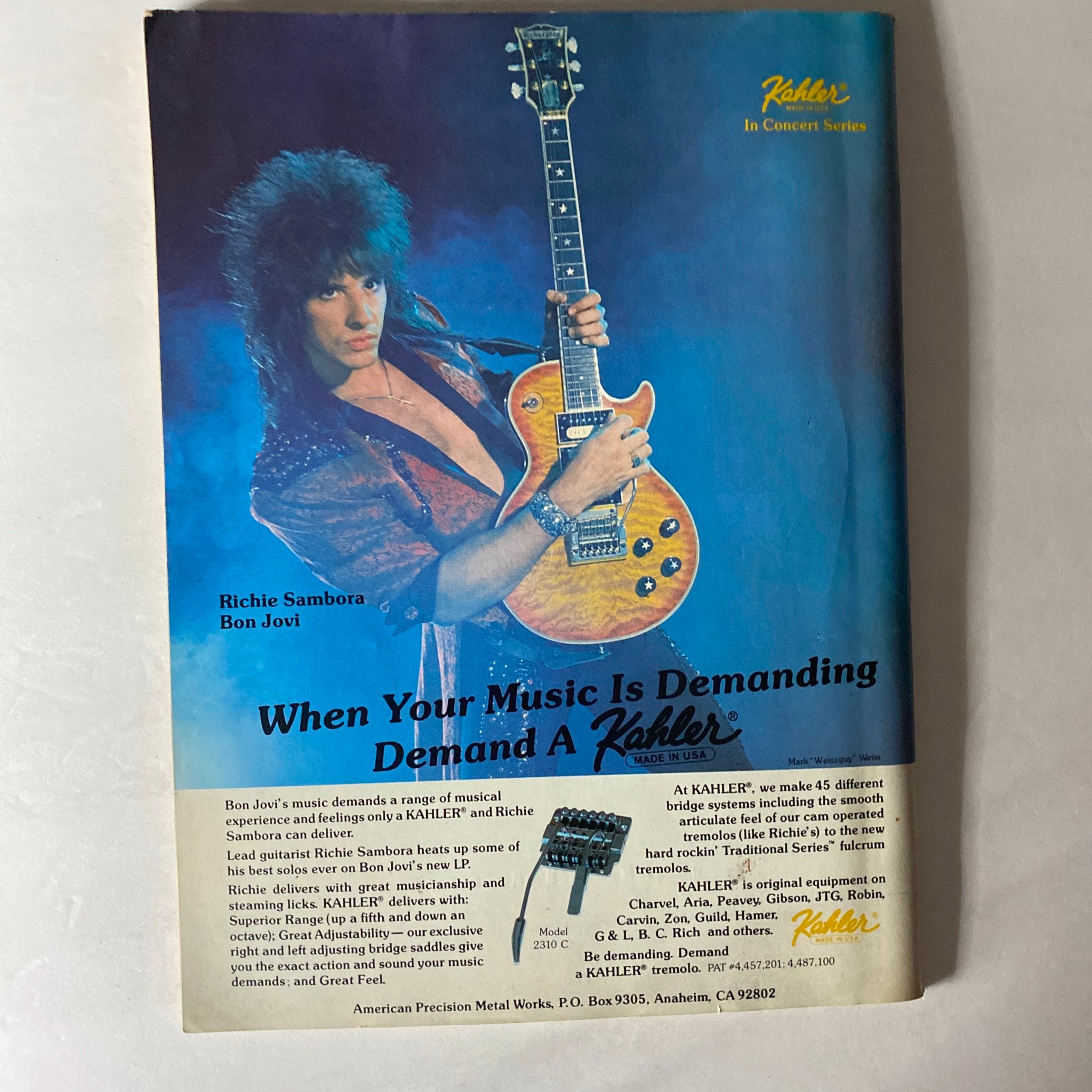 Back cover of VTG Guitar Magazine August 1986 displaying an advertisement for Kahler guitar equipment featuring Richie Sambora of Bon Jovi.